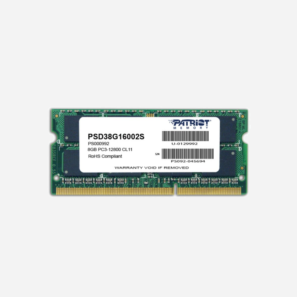 Patriot Memory - Module Mémoire 8GB DDR3 1600MHz SO-DIMM PC3-12800 CL11 1.5V 204-Pin Unbuffered - PSD38G16002S - Pour Ordinateur Portable - Patriot Memory 8GB PC3-12800. composant pour: Ordinateur portable, Mémoire interne: 8 Go, Disposition de la mémoire (modules x dimensions): 1 x 8 Go, Type de mémoire interne: DDR3, Fréquence de la mémoire: 1600 MHz, Support de mémoire: 204-pin SO-DIMM, Latence CAS: 11