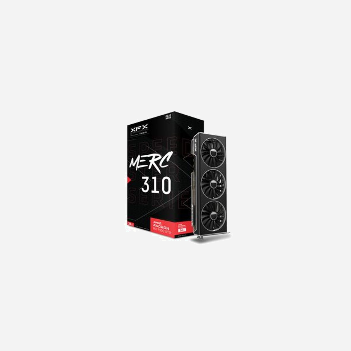 XFX MERC 310 AMD Radeon RX 7900 XTX, 24 Go GDDR6, 384-bit, 1855 MHz, Boost 2615 MHz, PCI Express 4.0, 3x Ventilateurs, 3x DisplayPort 2.1, HDMI 2.1 - XFX MERC 310 AMD Radeon RX 7900 XTX. Processeur graphique famille: AMD, Processeur graphique: Radeon RX 7900 XTX, Fréquence du processeur: 1855 MHz. Mémoire carte graphique distincte: 24 Go, Type de mémoire de l'adaptateur graphique: GDDR6, Mémoire Bus: 384 bit. Résolution maximale: 3840 x 2160 pixels. Version DirectX: 12.0. Type d'interface: PCI Express 4.0. Type de refroidissement: Actif, Nombre de ventilateurs: 3 ventilateur(s)
