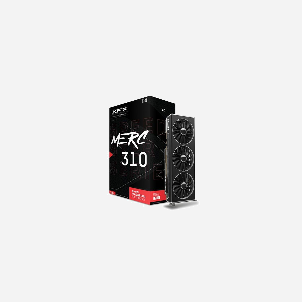 XFX Radeon RX 7900 XT 20 Go GDDR6 - Fréquence GPU 1775 MHz, Boost 2535 MHz, 3x DisplayPort 2.1, HDMI 2.1 - PCI Express 4.0, 3 ventilateurs - XFX RX-79TMERCU9. Processeur graphique famille: AMD, Processeur graphique: Radeon RX 7900 XT, Fréquence du processeur: 1775 MHz. Mémoire carte graphique distincte: 20 Go, Type de mémoire de l'adaptateur graphique: GDDR6, Mémoire Bus: 320 bit. Résolution maximale: 3840 x 2160 pixels. Version DirectX: 12.0. Type d'interface: PCI Express 4.0. Type de refroidissement: Actif, Nombre de ventilateurs: 3 ventilateur(s)