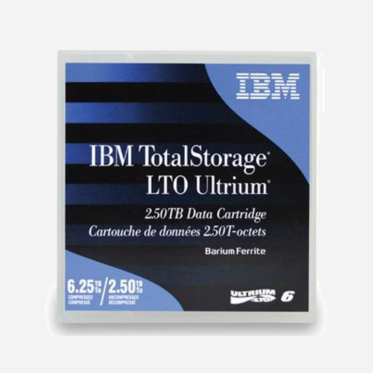 IBM LTO Ultrium 6 - Bande de Données Vierge 2.5To / 6.25To Compressé - 885m - 6.1µm - 105.4 x 102 x 21.5mm - Référence IBTU2500R - IBM LTO Ultrium 6. Type de produit: Bande de données vierge, Type de support: LTO, Capacité d'origine: 2,5 To. Longueur de la bande: 885 m, Épaisseur de la bande: 6,1 µm, Poids: 200 g. Dimensions (LxPxH): 105,4 x 102 x 21,5 mm