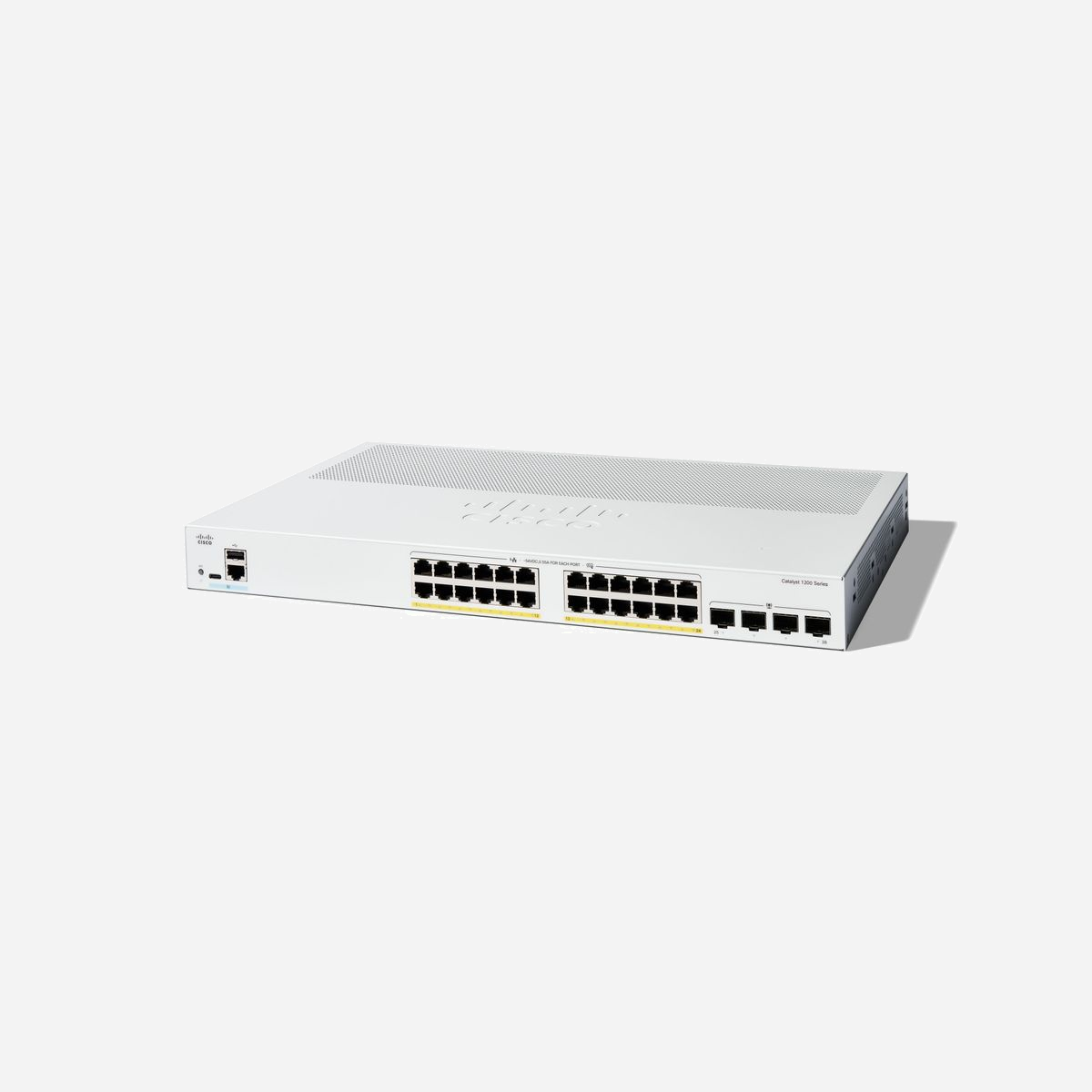 Cisco Catalyst C1200-24P-4G Commutateur manageable L2 Gigabit Ethernet 28 ports RJ-45 + 4 SFP, PoE 195W, 56 Gbit/s, QoS, CLI, 1U - Cisco Catalyst 1200. Type de commutateur: Géré, Banc de commutateurs: L2. Type de port Ethernet RJ-45 de commutation de base: Gigabit Ethernet (10/100/1000), Quantité de ports Ethernet RJ-45 de commutation de base: 28, Port de console: RJ-45/USB Type-C. Répertoire MAC: 8000 entrées, Capacité de commutation: 56 Gbit/s. Standards réseau: IEEE 802.1D, IEEE 802.1Q, IEEE 802.1p, IEEE 802.1s, IEEE 802.1w, IEEE 802.1x, IEEE 802.3ad, IEEE.... Connexion Ethernet, supportant l'alimentation via ce port (PoE). Grille de montage, Format: 1U