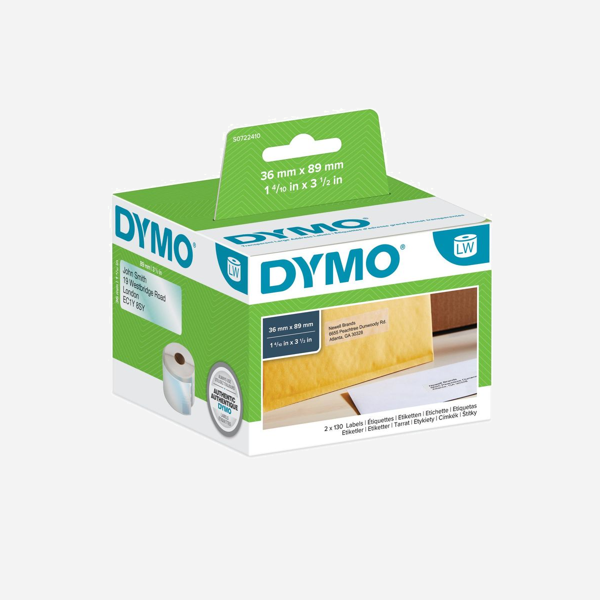 DYMO LW Étiquettes Adresse Grand Format 36x89mm, Transparent, Adhésif Permanent, 260 étiquettes/rouleau, LabelWriter Compatible, Réf. S0722410 - Étiquettes LabelWriter® - Imprimez une étiquette ou des centaines avec facilité et efficacité. <br><br>Des étiquettes sans souci pour tous vos besoins en matière de courrier, d'expédition et d'organisation.<br><br>Étiquettez rapidement, envoyez intelligemment et ayez un look impeccable avec les étiquettes DYMO LW.<br><br>Disponibles dans une grande variété de couleurs et de tailles, les étiquettes DYMO® LW utilisent un procédé d'impression thermique direct. Vous n'avez donc pas à vous soucier de l'encre ou du toner coûteux et salissant. Et comme elles sont conditionnées en rouleaux, vous pouvez imprimer une ou plusieurs centaines d'étiquettes en toute simplicité : pas de bourrage d'étiquettes, pas de problèmes de mise en page et pas de gaspillage.