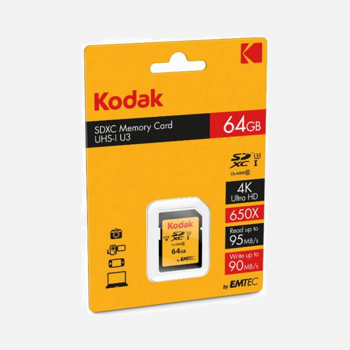 Kodak SDXC 64GB UHS-I Classe 10, Lecture 95 Mo/s, Ecriture 90 Mo/s, Carte Flash 64 Go, EKMSD64GXC10HPRK - Kodak SDXC 64GB Class10 U3. Capacité: 64 Go, Type de Carte Flash: SDXC, Classe de mémoire Flash: Classe 10, Type de mémoire interne: UHS-I, Vitesse de lecture: 95 Mo/s, Vitesse d'écriture: 90 Mo/s. Couleur du produit: Noir
