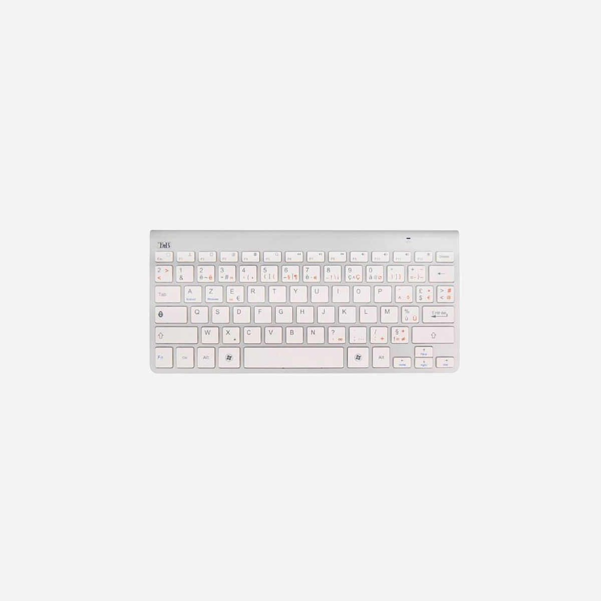 T'nB KBBTPC1 Clavier Bluetooth Compact 78 touches Aluminium Blanc Compatible PC Tablette et Appareils Bluetooth Indicateur Batterie - Clavier Bluetooth sans fil compact 78 touchesConçu pour se connecter sur les ordinateurs équipés de la technologie Bluetooth.Compatible avec PC, tablettes et autres appareils Bluetooth.Fond aluminimum et touches blanches avec indicateur de batterie.