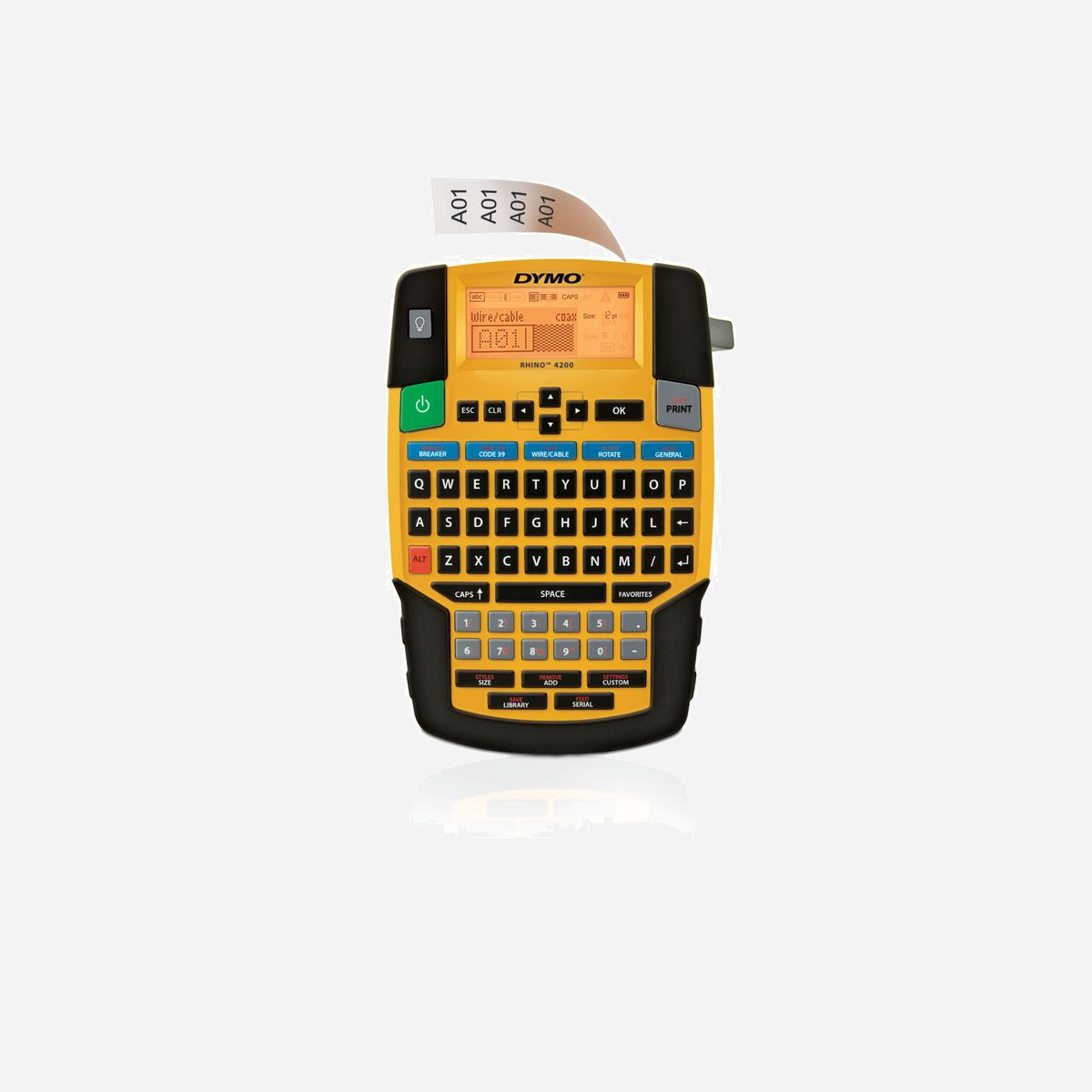 DYMO Rhino 4200 - Imprimante d'Étiquettes QWERTY - Largeur max 19mm - Écran LCD - Li-Ion - Codes 39/128 - Polyesters, Vinyles, Thermorétractables - La DYMO Rhino™ 4200 étiquette vite – et bien. Son clavier AZERTY facil est facile à utiliser. Ses touches de raccourci « Hot Keys » permettent de créer et de mettre en forme rapidement des enrobages de fils et de câbles, des étiquettes drapeau, des codes-barres 39 et 128, des étiquettes à longueur fixe, des étiquettes de modules et bien plus. Imprimez des étiquettes allant jusqu'à 19 mm de large sur nylon flexible, polyester permanent et vinyle durable –PLUS imprimez directement sur gaines thermorétractables. Gagnez Gagnez encore plus de temps grâce à des fonctions exceptionnelles – comme la touche Favoris qui permet d'accéder aux étiquettes, symboles et termes que vous utilisez le plus fréquemment, et la touche Custom qui évite la répétition d'étapes en enregistrant les paramètres personnalisés.