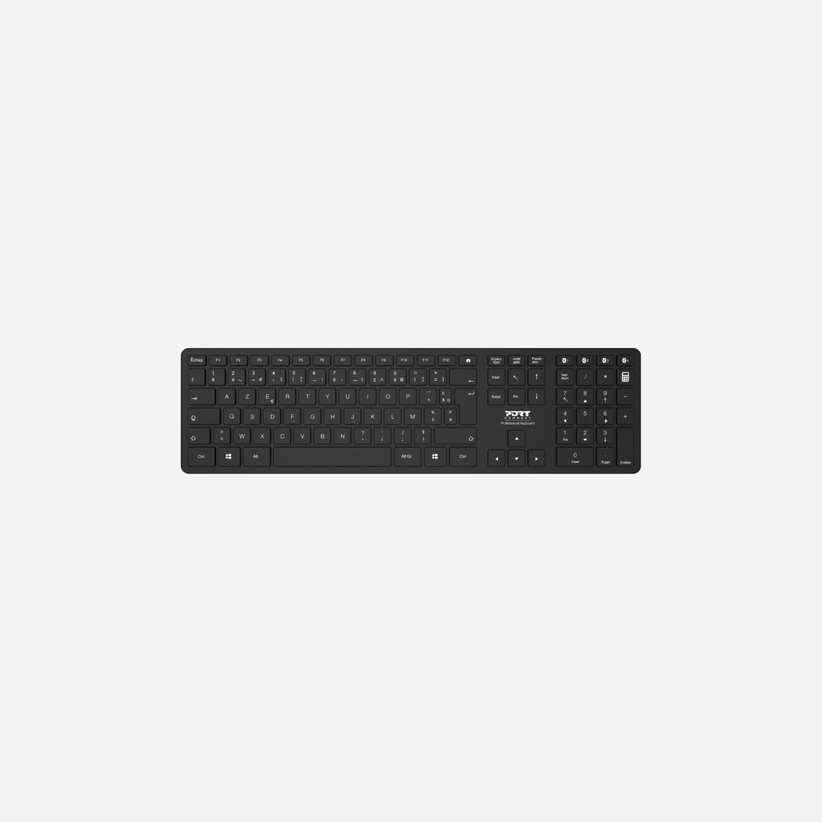 Port Designs 900903-R-FR Clavier AZERTY Français RF sans fil + Bluetooth 3.0 Noir, 109 Touches, Portée 10m, Connexion 4 appareils, Alimentation Piles AAA - Ce produit est un clavier sans fil Bluetooth, comportant 109 touches confortables. Grâce au Bluetooth, vous avez une portée d'utilisation de 10 mètres. Vous pouvez connecter jusqu'à 4 appareils simultanément.<br><br>Le clavier comporte des touches raccourcis, ainsi que des touches pour basculer la connexion entre les différents appareils connectés au clavier.<br><br>Des indicateurs LED vous permettent de vous informer sur la batterie faible, Num, MAJ, et le verouillage de la touche défilement.Son design est ultra fin et élégant.