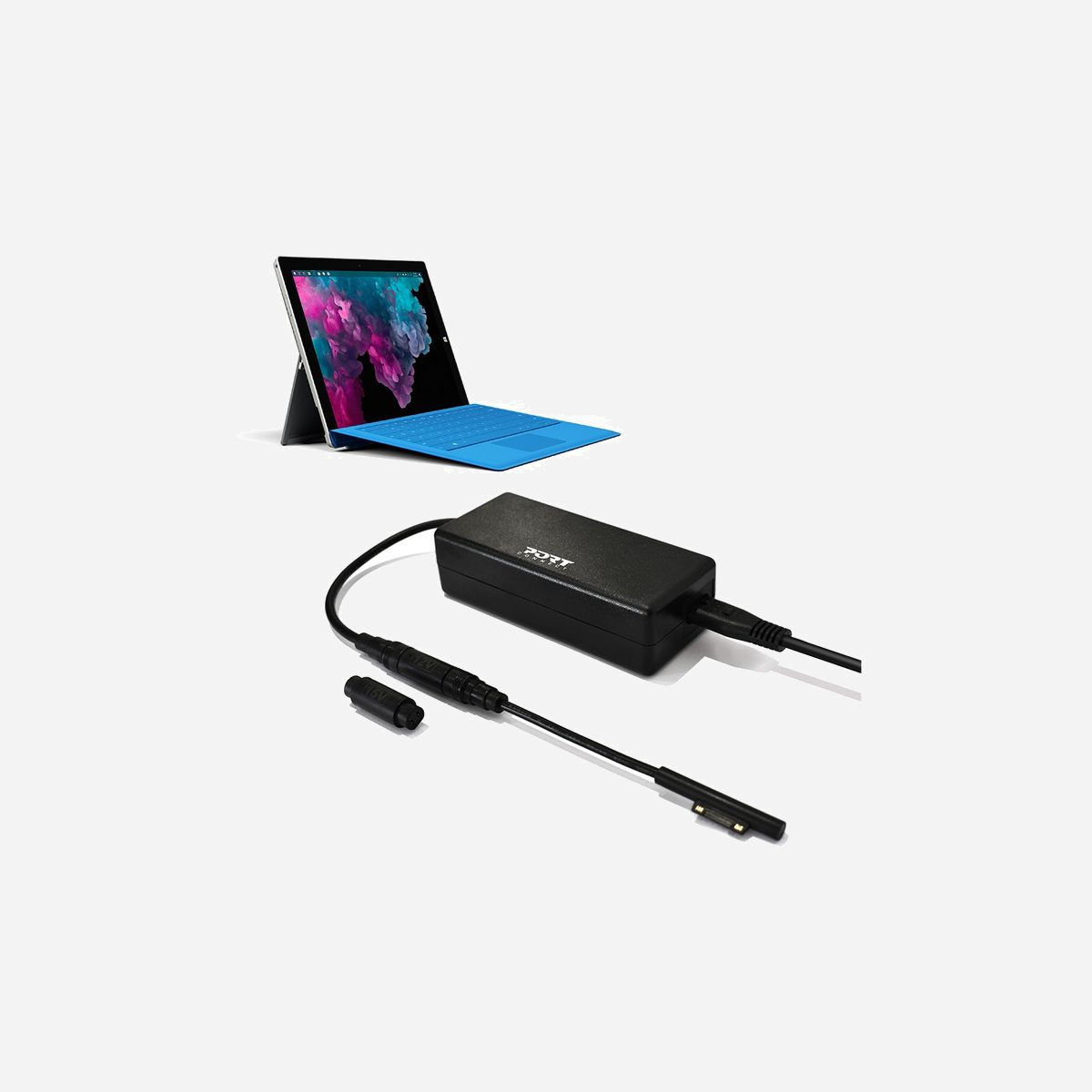 Port Designs 900102-EU Chargeur Universel 60W pour Microsoft Surface (12-15V, 4A) - Type C, Câble 2.5m, ABS Noir - <b>CHARGEUR POUR ORDINATEUR 60W POUR MICROSOFT</b><br><br>Ce chargeur dédié pour Microsoft Surface permet une charge efficace et adaptable à la puissance de votre appareil grâce aux deux embouts de conversion fournis. Équipé d’une protection contre les survoltages et d’une qualité durable garantie 10 ans, chargez votre ordinateur en toute sécurité. Le câble d’une longueur de 2,5m favorise l’aisance d’utilisation.