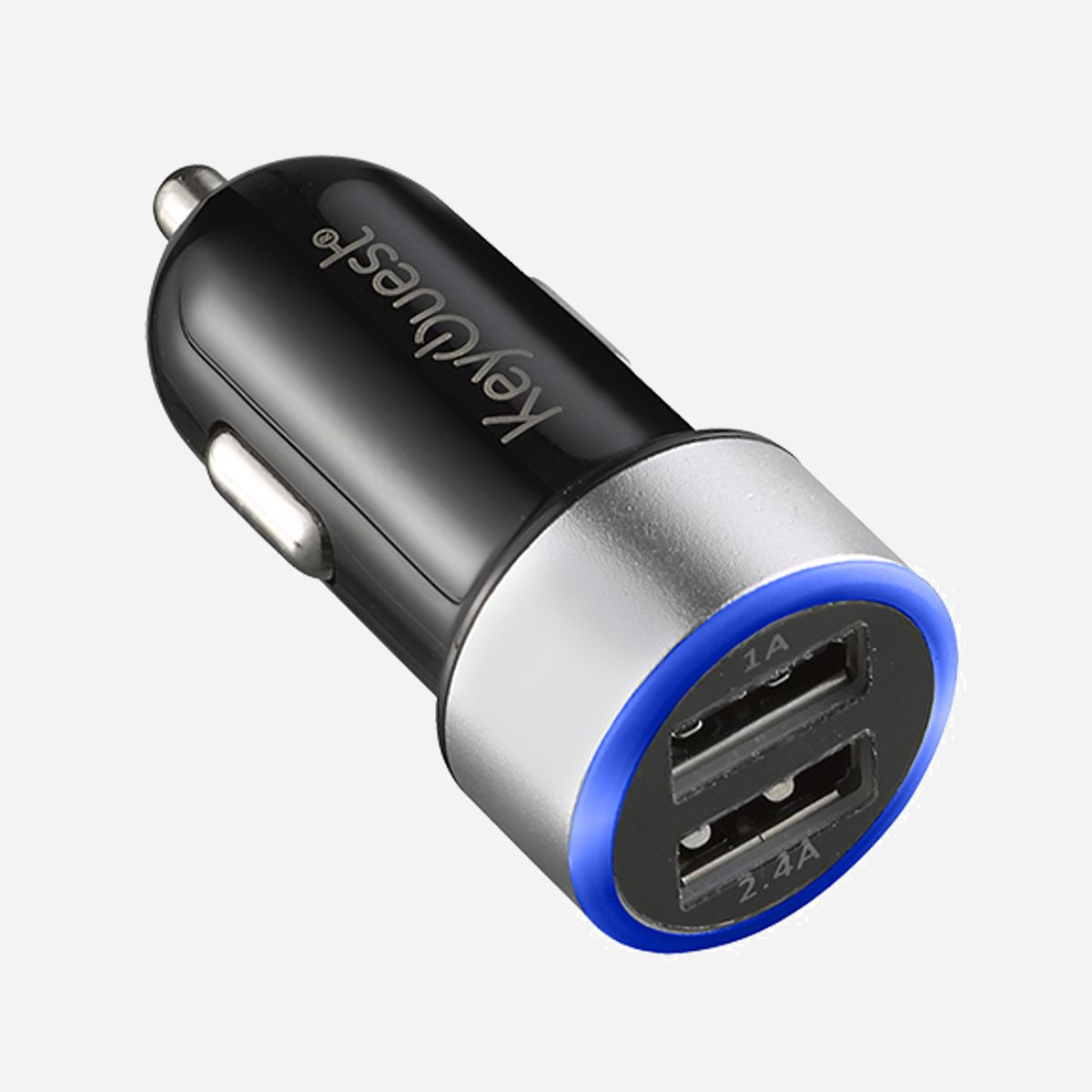 KeyOuest KO014127 Chargeur Auto Universel 2 Ports USB 2.0 (1A/2.4A) Noir/Bleu/Argent - Alimentation Allume-cigare - Dimensions 55x26x26mm, 40g - Rechargez en voiture tous vos appareils !
