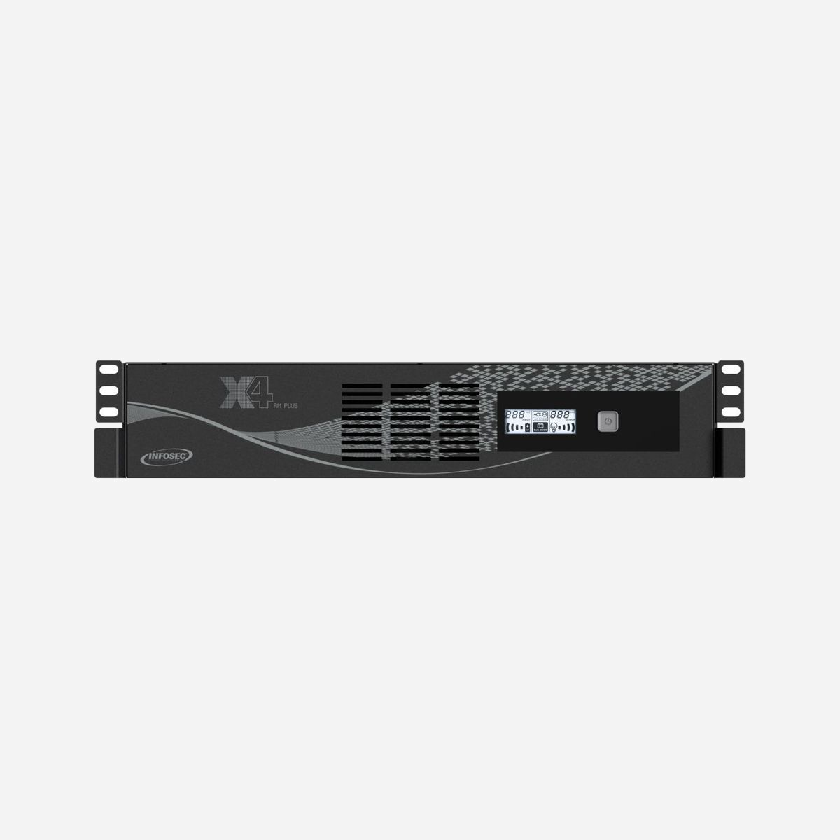 Infosec X4 800 RM Plus : Onduleur Line Interactive 0.8 kVA / 480W, 6 prises AC, Port USB, RJ45, Batterie 12V/9Ah, Format Rack 19", Écran LCD - <b>Une protection performante</b><br><br>Equipés de la technologie Line Interactive contrôlée par microprocesseur, les onduleurs X4 RM Plus offrent à vos équipements connectés une protection fiable. En cas de coupure d'électricité, les équipements connectés restent allumés jusqu'à 65 minutes selon la charge, ce qui assure la continuité de service et, si nécessaire, la sauvegarde de données essentielles.<br><br><b>Des fonctions économiques et écologiques</b><br><br>- Chargeur intégré réduisant le temps de charge des batteries (90% en seulement 4 heures) et assurant ainsi une recharge maximale entre des coupures de courant successives<br>- Redémarrage automatique du X4 RM Plus au retour secteur<br>- Fonction démarrage à froid permettant une mise en route d'urgence des appareils connectés en l'absence d'alimentation<br>- Recharge automatique des batteries dès lors que l'alimentation est présente<br>- Ces fonctions permettent au X4 RM Plus d'économiser 50% d'énergie de plus qu'un onduleur normal<br><br><b>Une connectique adaptée à toutes les situations</b><br><br>Chaque modèle est équipé à la fois de prises IEC et de prises de type FR/SCHUKO. Son port de communication USB permet le contrôle à distance de l'onduleur par le biais du logiciel Infopower (voir description au dos), qui gère également la fermeture automatique par l'onduleur des fichiers en cas d'absence secteur. X4 RM Plus protège également la ligne ADSL grâce aux connectuers RJ45.<br><br><b>Des atouts essentiels</b><br><br>- Un interrupteur marche/arrêt<br>- Un écran LCD indique le statut détaillé de l'onduleur<br>- Son format rack lui permet de s'intégrer aisément dans une baie de brassage