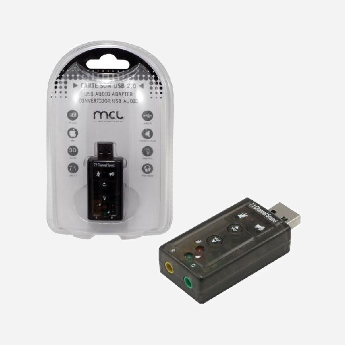 MCL USB2-257 Carte Son Externe USB 2.0 7.1 Canaux, Port USB 2.0, Entrée Micro, Plug & Play, Compatible Windows/macOS, 46x26mm, 13g - Remplacez ou équipez votre ordinateur d'une ''carte son'' USB 2.0 avec effet 7.1 et bénéficiez d'un son en 3D