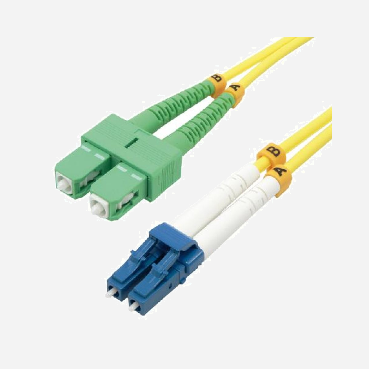 Câble Fibre Optique MCL 1m OS2 SC/APC vers LC Monomode 9/125µm 10Gbit/s LSZH Multicolore/Jaune - Réf: FJOS2/SCA-LC-1M - Jarretière équipée d'une fibre optique OS2 9/125 microns, jusqu'à 10 Gbits/s sur une longueur de 10 à 40 Km selon le protocole.