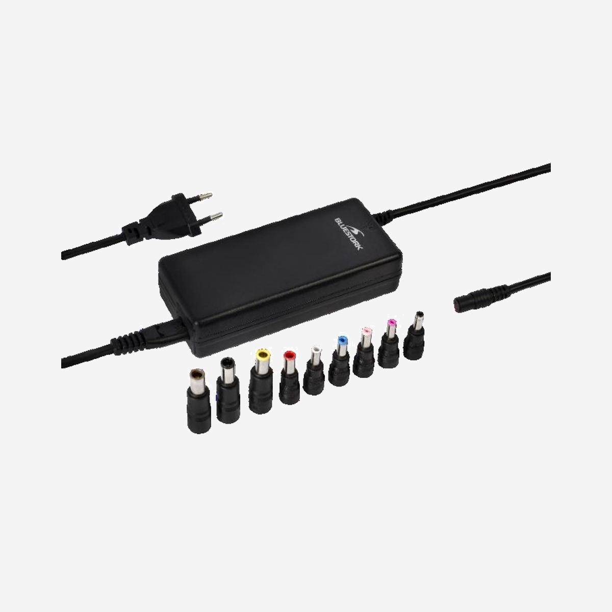 Bluestork BS-PW-NB90/FB3 : Alimentation Secteur Universelle 90W pour Notebook, 18.5V-20V, 9 Embouts, Protections Surtension/Court-Circuit - Alimentation Notebook secteur 90 watts – Intégre une protection contre les surtensions, les pointes de courant et courts-circuits<br><br>- Sélection de voltage automatique 18,5V à 20V<br>- 9 embouts interchangeables<br>- Compatibilité assurée, embouts spécifiques disponibles sur demande