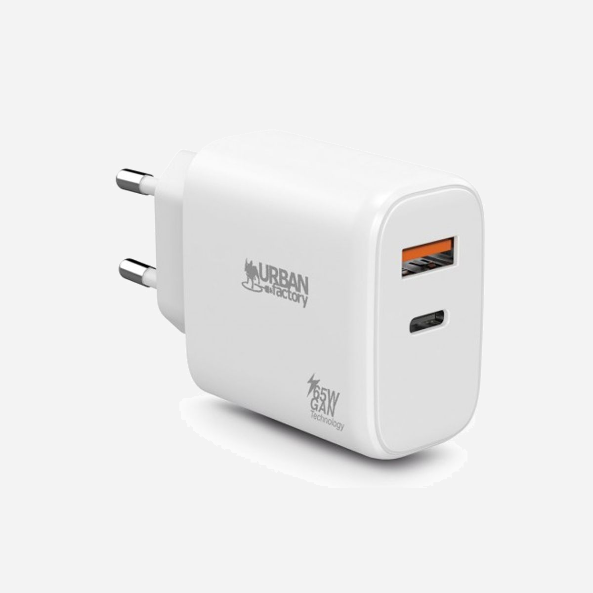 Urban Factory GPS62UF Chargeur Secteur Universel 65W USB-C + USB-A 18W GaN PPS, 100-240V, Blanc - Compatible Notebook Tablette Smartphone - Chargeur Secteur Universel USB-C de 65Watts. Compatible avec les Notebook, tablettes et smartphones alimentés en USB-C. Sélection automatique de la tension avec une puissance maximale de 65W. Prise USB-A additionnelle de 18W à charge rapide. Prise secteur européenne. Couleur : Blanc laqué.<br><br>