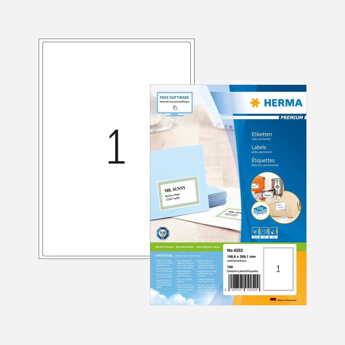 HERMA 4252 Étiquettes Adhésives A4, 199.6x289.1mm, Papier Mat, Blanc, Laser/Jet d'encre, Adhésif Permanent, 100 Feuilles, Certifié PEFC - - Étiquettes adhésives sur feuilles A4, adhérentes en permanence<br>- Parfaites pour toutes les imprimantes laser et jet d'encre, photocopieuses, imprimantes couleur laser et photocopieuses couleur<br>- Haut degré de blanc et surfaces régulières pour d'excellentes impressions en noir et en couleur<br>- Sensiblement plus épaisses : étiquettes extra fortes - collage aisé<br>- Adhérence particulièrement rapide et fiable, même sur des surface froides et humides<br>- Garanties sans bourrage et compatibles avec les grandes vitesses grâce à un matériau composite spécial extra fort, excellente planéité et bords de sécurité sur le pourtour<br>- Écologique et durable : blanchi sans chlore, certifié PEFC, neutre en CO2, colle autoadhésive sans solvant<br>- Les étiquettes sont 100 % recyclables avec les vieux papiers, emballage en carton recyclé<br>- Outils logiciels gratuits