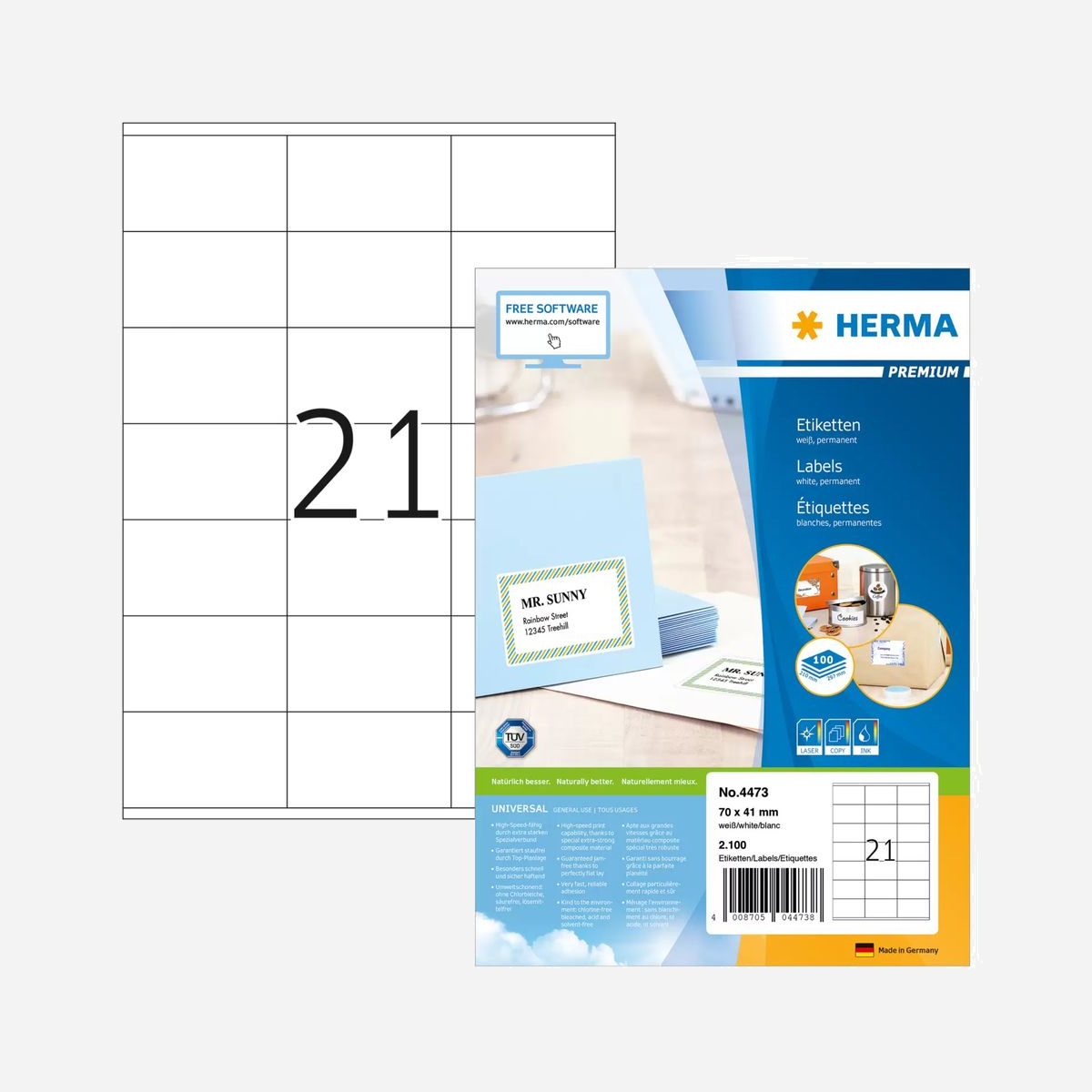HERMA 4473 Étiquettes A4 Adhésives Permanentes 70x41mm 21/feuille (2100) Blanc Mat Laser/Jet d'encre Papier Certifié FSC Mix 100 feuilles - Étiquettes adhésives sur feuilles A4, adhérentes en permanence · Parfaites pour toutes les imprimantes laser et jet d'encre, photocopieuses, imprimantes couleur laser et photocopieuses couleur · Garanties sans bourrage et compatibles avec les grandes vitesses grâce à un matériau composite spécial extra fort, excellente planéité et bords de sécurité sur le pourtour · Passage sans problème dans les imprimantes laser et jet d'encre, testé et confirmé par TÜV SÜD · Haut degré de blanc et surfaces régulières pour d'excellentes impressions en noir et en couleur · Sensiblement plus épaisses : étiquettes extra fortes, collage aisé · Adhérence particulièrement rapide et fiable, même sur des surface froides et humides · Écologique et durable : blanchi sans chlore, certifié FSC® Mix Credit, colle autoadhésive sans solvant · Les étiquettes sont 100 % recyclables avec les vieux papiers, emballage en carton recyclé ·