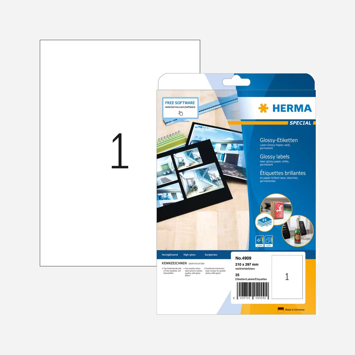 HERMA 4909 Étiquettes A4 Laser Gloss Blanc, Papier Adhésif Permanent, 21x29.7cm, 25 Feuilles/Paquet, Certification FSC Mix, Fabriqué en Allemagne - Étiquettes surglacées, sur feuilles A4, adhésives. Pour des applications de bel aspect, p. ex. autocollants de haute qualité pour produits, impressions de photos, présentations. Papier haute brillance à fort pouvoir couvrant, pour impressions aux couleurs intenses et contours très nets. Remarquables impressions laser couleur en qualité photo, transfert régulier du toner. Pour imprimantes laser, photocopieuses, imprimantes couleur laser et photocopieuses couleur. Ne conviennent pas aux imprimantes jet d'encre.