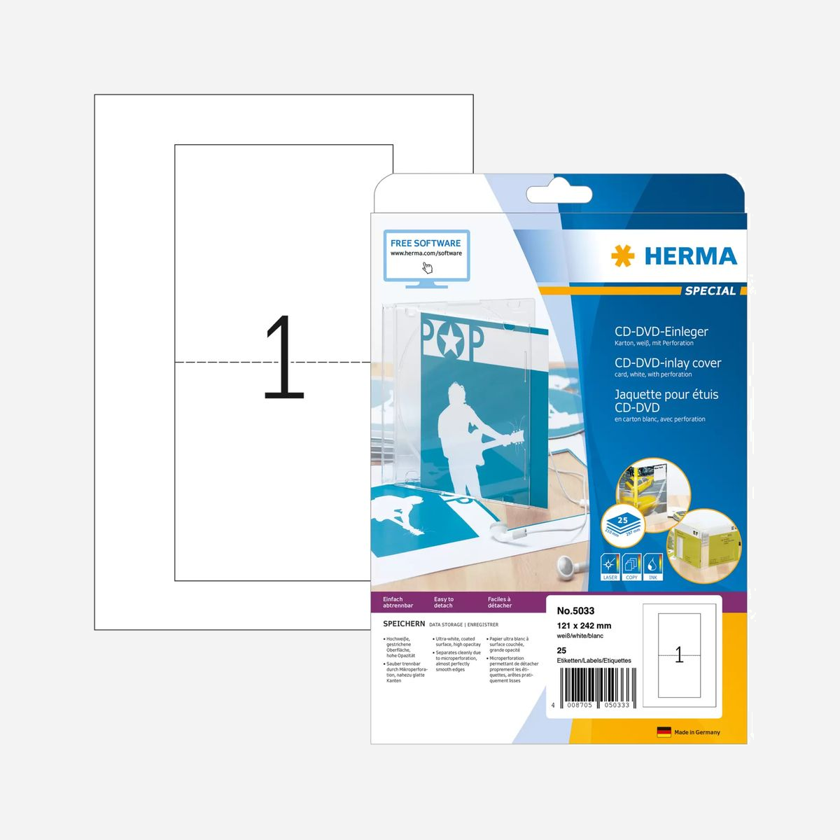 HERMA 5033 - Jaquettes CD/DVD A4 Blanc, Carton Couché, Impression Laser/Jet d'encre, 121x242mm, Microperforé, 25f FSC Mix, Fabriqué en Allemagne - Jaquettes de CD et DVD, en carton, non adhésives. L'étui s'harmonise parfaitement avec l'étiquette - Aspect professionnel pour chaque CD ou DVD. Jaquettes de couverture et de dos sur une feuille, s'impriment en une seule fois - c'est tout. Carton spécial blanc intense, couché, à fort pouvoir couvrant. Détachables proprement grâce à la microperforation, bord pratiquement lisses. Très bonnes impressions sur toutes les imprimantes laser, photocopieuses, imprimantes couleur laser et photocopieuses couleur.
