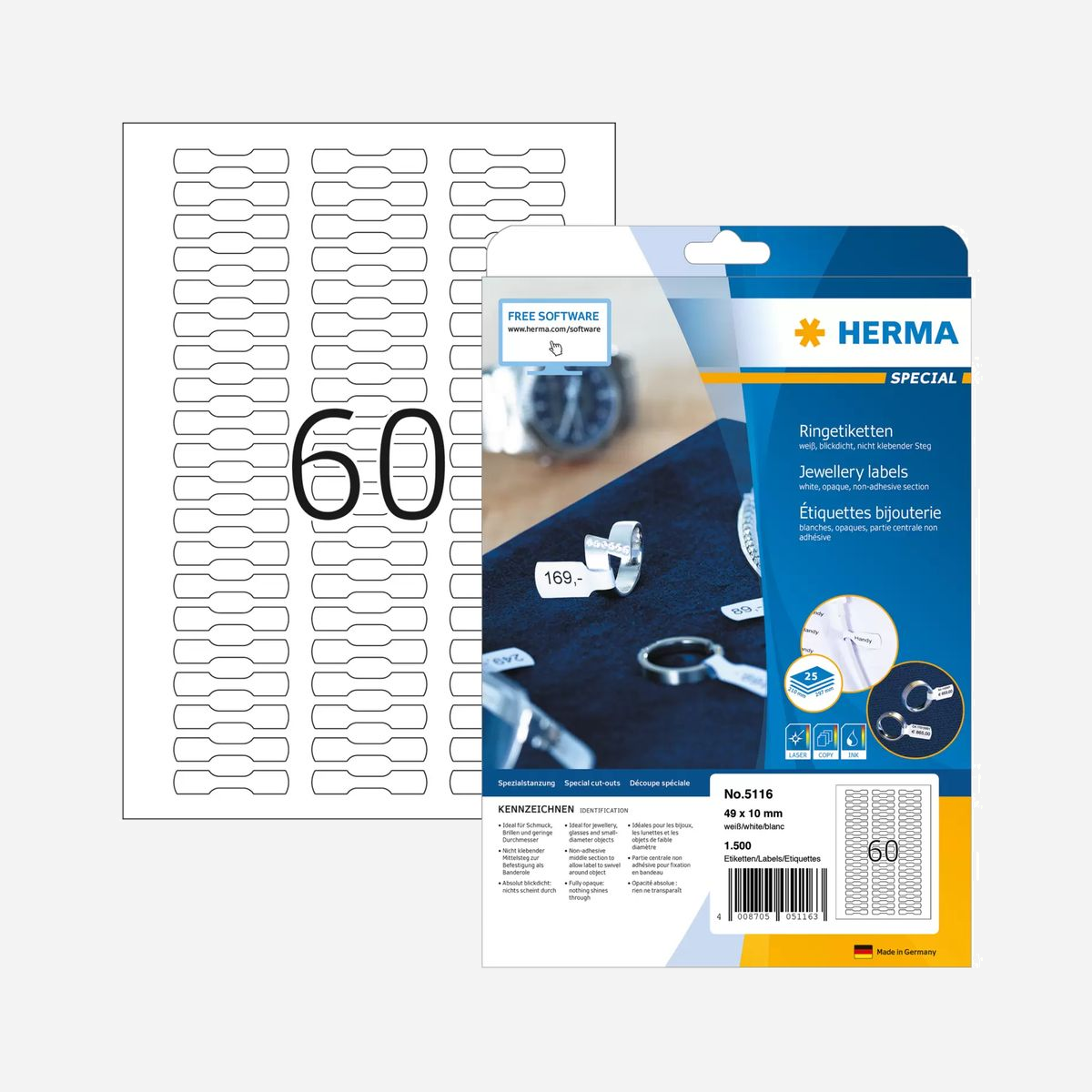 HERMA 5116 : Étiquettes Bijouterie A4, 49x10mm, Papier Blanc Mat Adhésif Permanent, 1500 étiquettes, Impression Laser/Jet d'encre, Certifié FSC - Étiquettes bijouterie opaques en papier, sur feuilles A4, adhésives, partie centrale non adhésive. Pour l'étiquetage de bagues, montres, bijoux, lunettes et objets de faible diamètre, p. ex. câbles. Il suffit de coller ensemble les surfaces adhésives. Écologiques : papier spécial de grande qualité blanchi sans chlore, certifié FSC® Mix Credit, colle autoadhésive sans solvant. Très bonnes impressions sur toutes les imprimantes laser et jet d'encre, photocopieuses, imprimantes couleur laser et photocopieuses couleur. Passage sans incident grâce aux bords de sécurité sur le pourtour et à une planéité optimale.