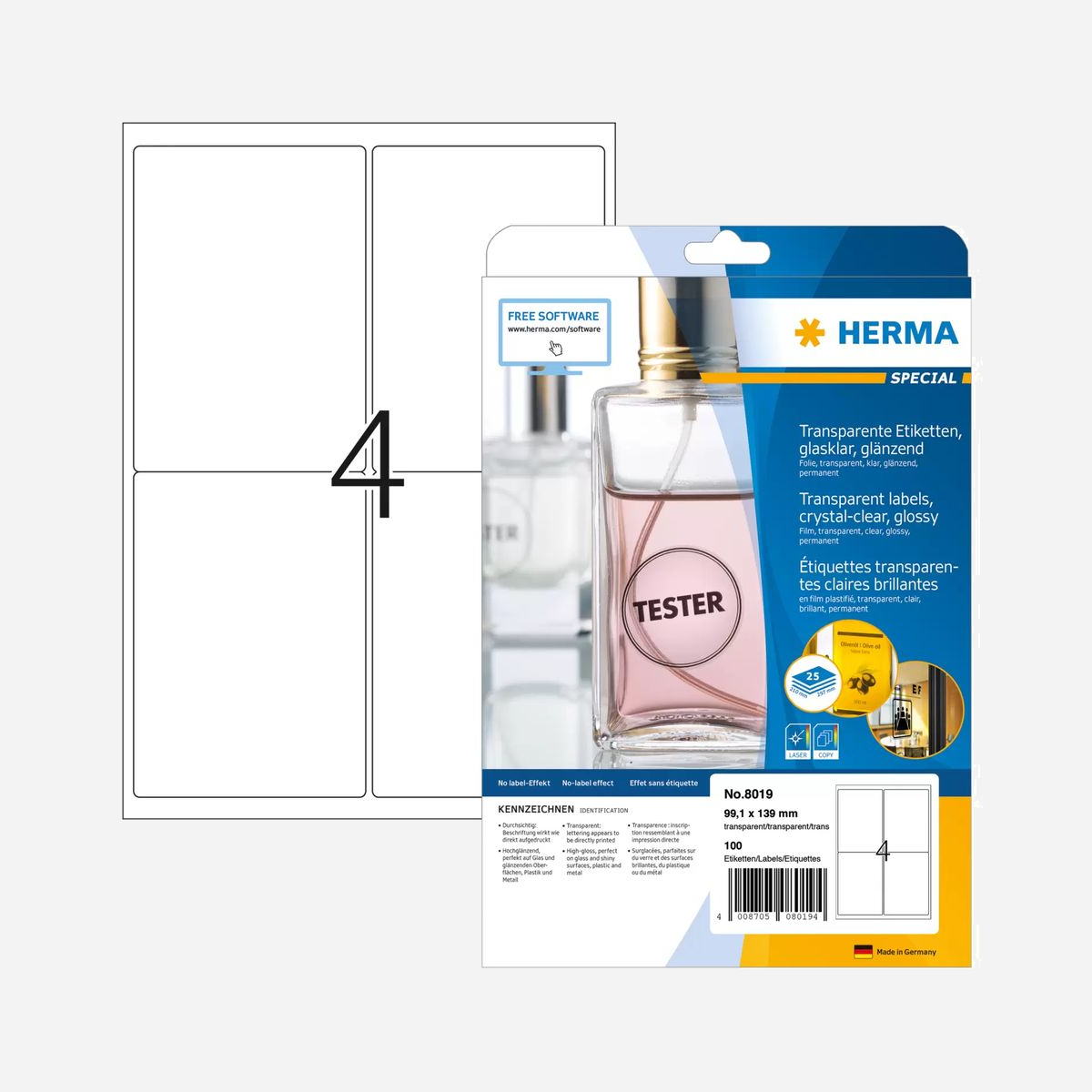 HERMA 8019 Étiquettes A4 Transparentes Laser - 99.1x139mm - Adhésif Permanent Gloss - 100 Étiquettes (25 Feuilles) - Résistant Intempéries - Étiquettes transparentes claires en plastique sur feuilles A4, adhésives. Surglacées, parfaites pour des applications de bel aspect. Idéales sur du verre et des surfaces brillantes, du plastique, du métal ou sur des supports en couleur. Comme étiquettes de produit haut de gamme, pour documents représentatifs et boîtes cadeau, pour le marquage d'ustensiles de bureau, comme étiquettes de vitrine et plaques de porte ou des adresses. Effet « sans étiquette » : l'inscription semble directement imprimée. Résistantes aux intempéries et au vieillissement, oléofuges et antisalissantes, lavables. Passage sans incident grâce aux bords de sécurité sur le pourtour et à une planéité optimale. Pour imprimantes laser et photocopieuses, imprimantes couleur laser et photocopieuses couleur. Ne conviennent pas aux imprimantes jet d'encre.