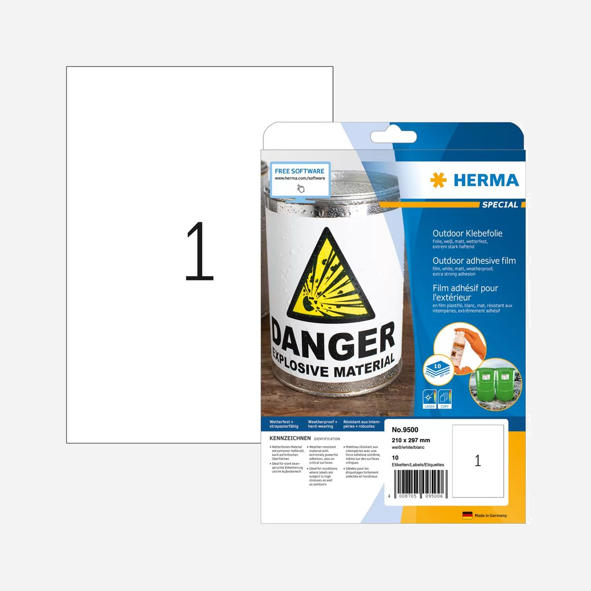 HERMA 9500 Étiquette A4 Laser Polyoléfine Blanc Mat, Adhésif Permanent, Résistante Intempéries et Eau, -40°C à +150°C, 21x29.7cm, 10/paquet - Étiquettes résistantes aux intempéries en film de polyéthylène blanc mat, adhésives. Idéales pour des applications à l'extérieur et des étiquetages fortement exposés : marquages de propriétés, autocollants de vitrines, plaques signalétiques et signaux de danger, identifications dans les stocks et la production. Extrêmement adhérentes, même sur des surfaces critiques. Résistantes aux intempéries, extensibles, résistantes au vieillissement, oléofuges et antisalissantes, lavables, résistantes aux températures de -40 à +150 °C, résistantes à l'eau de mer. Pour imprimantes laser, photocopieuses, imprimantes couleur laser et photocopieuses couleur.