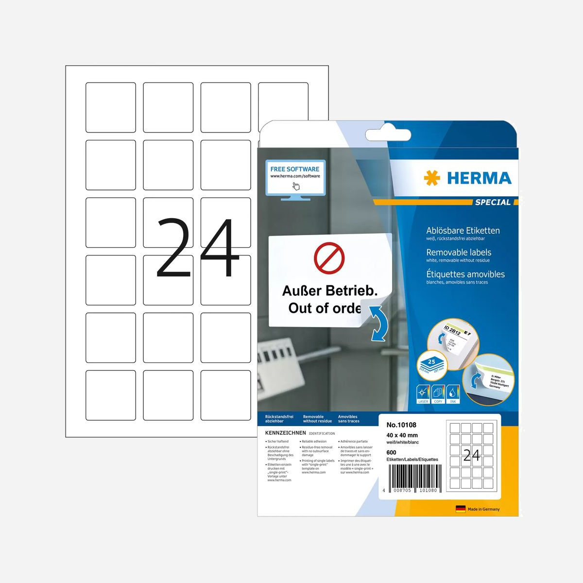 HERMA 10108 Étiquettes A4 Adhésives Amovibles 40x40mm, 600 Étiquettes (25 Feuilles), Papier Mat, Laser/Jet d'Encre, Certifié FSC® Mix, Allemagne - Étiquettes adhésives sur feuilles A4. Adhèrent fiablement à toutes les surfaces lisses. sèches, intactes et sans poussière. Se détachent sans laisser de traces ni endommager le support. Idéales pour des marquages limités dans le temps et des surfaces qui doivent rester intactes. Très bonnes impressions sur toutes les imprimantes laser et jet d'encre, photocopieuses, imprimantes couleur laser et photocopieuses couleur. Passage sans incident grâce aux bords de sécurité sur le pourtour et à une planéité optimale. Écologique : certifié FSC® Mix Credit, blanchi sans chlore, colle autoadhésive sans solvant. Les étiquettes sont 100 % recyclables avec les vieux papiers, emballage en carton recyclé.