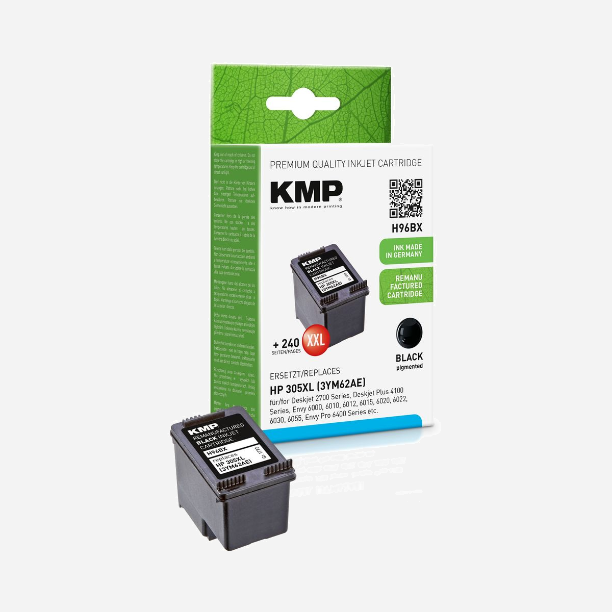 Cartouche d'encre KMP 1772,4001 Noire, Compatible HP 305XL (3YM62AE), XL, 10ml, 480 pages, DeskJet et Envy series, 1 pièce - KMP SINGLEPACK H96BX. Type de cartouche d'encre: Rendement élevé (XL), Volume d'encre noire: 10 ml, Type d'alimentation: Paquet unique, Couleurs d'impression: Noir, Quantité: 1 pièce(s), Rendement par page de l'encre noire: 480 pages