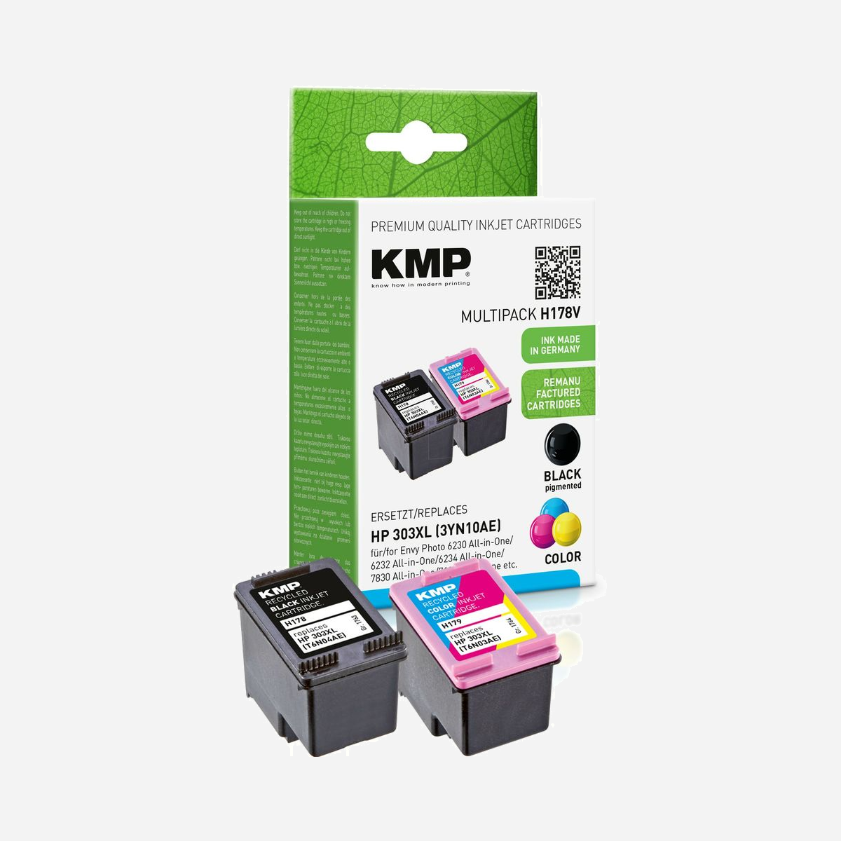 KMP 1763,4005 : Pack 2 Cartouches d'encre Compatible HP 303XL (Noir 12,9ml, CMJ 9,7ml) - 600/415 Pages - HP Envy Photo 6200/7100/7800/Tango Series - KMP 1763,4005. Volume d'encre noire: 12,9 ml, Type d'alimentation: Multi pack, Rendement par page d'encre de couleur: 415 pages, Volume d'encre de couleur: 9,7 ml, Couleurs d'impression: Noir, Cyan, Magenta, Jaune, Quantité: 2 pièce(s), Rendement par page de l'encre noire: 600 pages