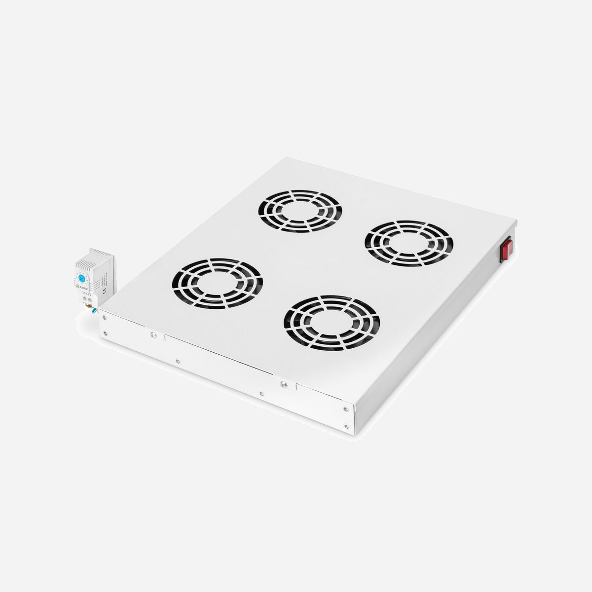 Digitus DN-19-FAN-4-HO : Unité de Ventilation Toit Rack 19" 4 Ventilateurs, 552 m³/h, Gris RAL 7035, Dimensions 400x45x438 mm - - Pour montage en rack de 483 mm (19 po)<br><br>Les unités de ventilation de toit peuvent être utilisées dans l’armoire de 483 mm (19 po) de manière variable. Chaque unité de ventilation incluse contient deux kits d’angles de montage. Le kit standard vous permet de fixer au choix votre unité de ventilation à une unité de hauteur de votre armoire réseau ou armoire serveur. Le second kit d’angle de montage permet l’installation des armoires réseaux ou armoires serveurs de 483 mm (19 po) de série varioFLEX dans le toit. Un interrupteur et un thermostat réglable assurent des possibilités d’adaptation optimales. Le modèle est disponible dans les couleurs standard grise (RAL 7035) et noire (RAL 9005), avec deux ou quatre ventilateurs au choix.