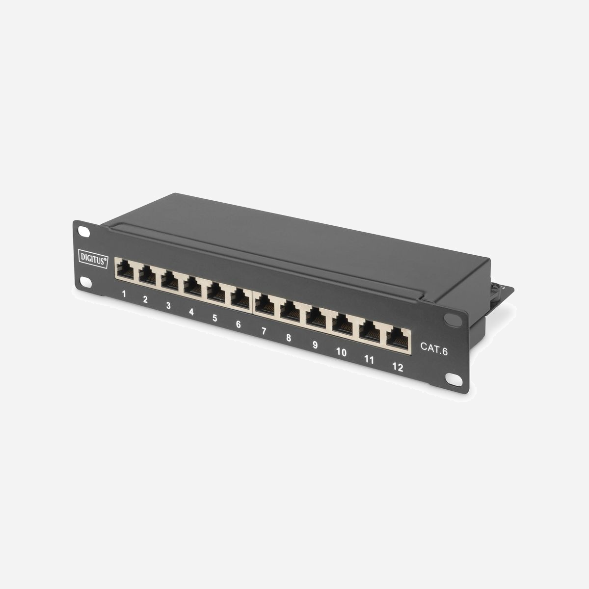 Digitus DN-91612S : Panneau de Brassage CAT 6 Classe E Blindé, 12 Ports RJ45, 1U 10", Montage Rack, Acier Galvanisé SECC, Noir - Un débit et une qualité de connexion excellents pour votre réseau.<br><br>- Installation facile de câbles grâce aux bandes LSA de code couleur<br>- Le blindage assure des mesures de valeurs de puissance optimisées<br>- Design compact de 10 po avec 8 douilles RJ45<br><br>Les panneaux de brassage CAT 6 pour le montage en rack de 254 mm (10 po) de DIGITUS® sont fabriqués selon Link Performance de classe E, pour jusqu’à 250 MHz, ISO/IEC 11801 et EN 50173. L’installation de câbles est effectuée via les bandes LSA qui sont codées selon EIA/TIA 568B. Le boîtier est constitué d’acier laminé à froid et galvanisé conforme à EN1.4301, UNS S30400, AISI 304 et LMSAD110.