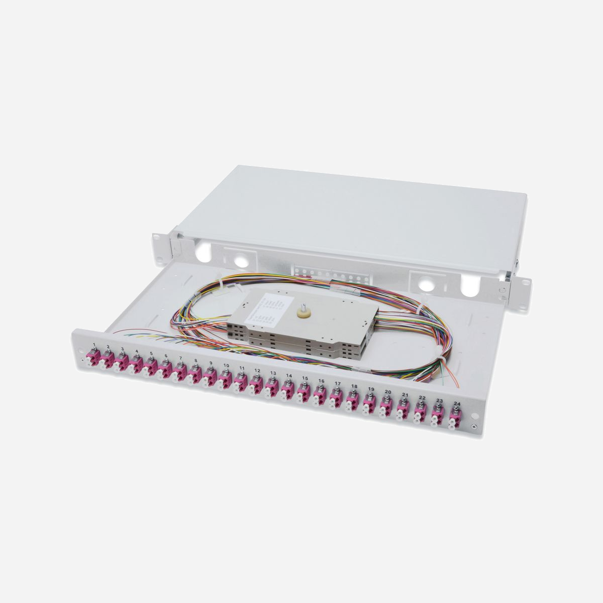 Digitus DN-96332-4 : Boîtier d'épissure Fibre Optique 1U équipé 24x LC DX OM4, Acier Gris, Rack 19" (48.3cm), 483x280x44.5mm, Turquie - Boîte d'épissure pour fibres optiques, 1UH, équipée, 24x LC DX, OM4,incl. cassette d'épissure, pigtails colorés, raccords