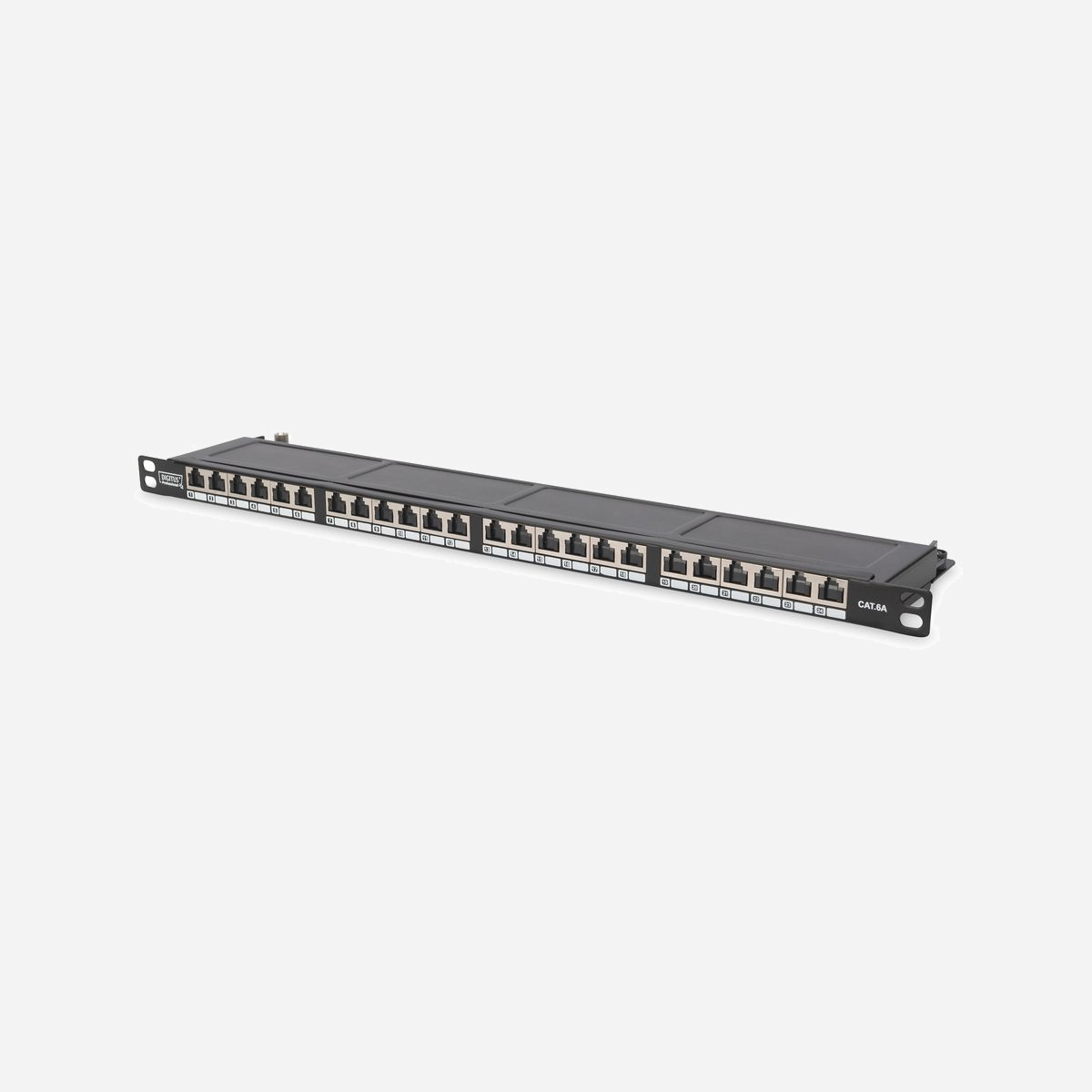 Panneau de Brassage Digitus DN-91624S-SL-SH, 24 Ports RJ-45 CAT 6 Blindé, 0.5U, Montage Rack 19", Noir, Conforme EN 50173 / ISO/IEC 11801 - Très faible encombrement (0,5U seulement) - Avec capuchons anti-poussière- Excellentes performances et qualité de connexion pour votre réseau.<br><br>- 0,5U<br>- CAT6<br><br>Le panneau de brassage DIGITUS® 24 ports 0,5U vous offre une haute densité. Comme le panneau ne fait que 0,5U de haut, il est possible d'installer 48 ports sur 1U (2 panneaux de 24 ports chacun).