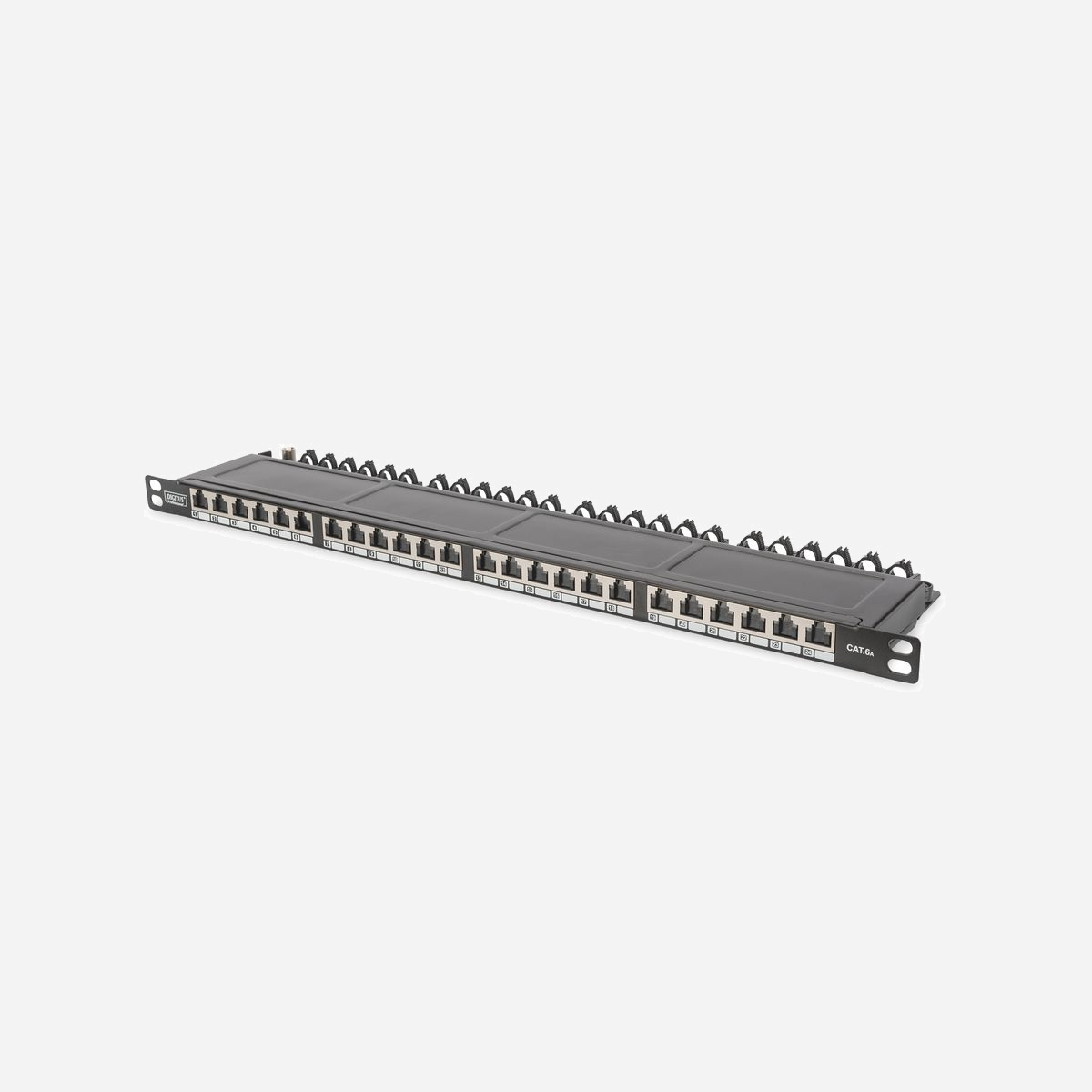 Digitus Panneau de Brassage CAT 6A Classe EA Blindé 24 Ports RJ45 0.5U Montage Rack 19" SECC Conforme IEEE 802.3af/at DN-91624S-SL-EA - Très peu encombrant (seulement 0,5U) - Avec capuchons anti-poussière - des normes orientées vers l'avenir et une qualité haut de gamme pour votre réseau<br><br>- Hauteur réduite de 0,5 U seulement<br>- Jusqu'à 48 ports possibles par UH (2 x 24 panneaux de ports)<br>- Clapets anti-poussière sur les prises RJ45<br>- contact de blindage à 360<br>- Collier de serrage pour fixation et dérivation, refermable<br>- fermeture rapide pour sécuriser le couvercle du boîtier<br><br>Avec seulement 0,5 U, le panneau de brassage 24 ports DIGITUS® offre une très haute densité. Cela signifie qu'il est possible de réaliser jusqu'à 48 ports sur 1 UH avec deux panneaux de 0,5 UH. Le panneau de brassage est blindé et équipé de capuchons anti-poussière sur les prises RJ45. Le contact de blindage à 360° des câbles assure les meilleures caractéristiques de performance. Les serre-câbles intégrés permettent de fixer les câbles d'installation en toute sécurité. La fermeture rapide sur le boîtier assure un accès facile et sans outils aux bornes guillotines LSA.