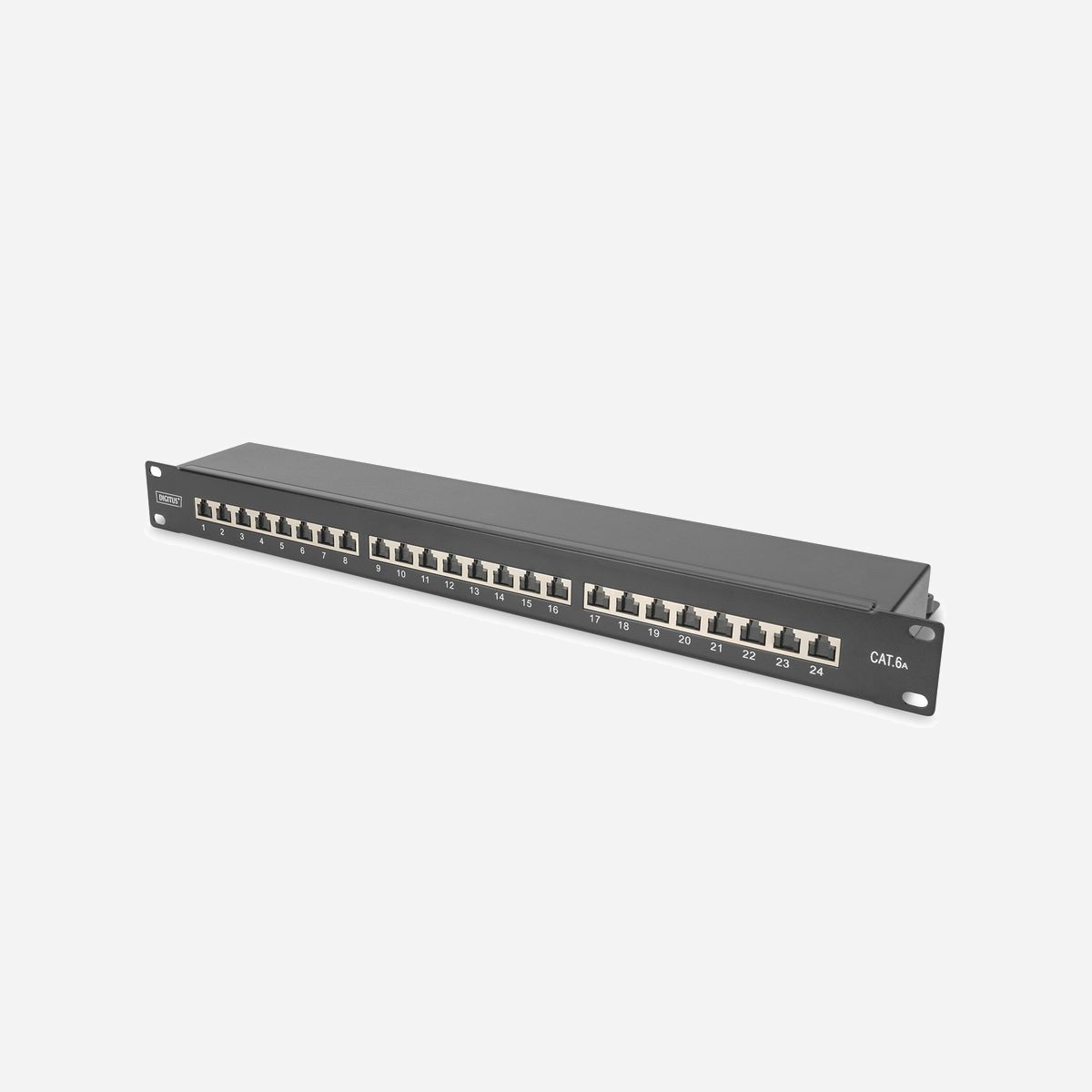 Digitus Panneau de Brassage CAT 6A Classe EA DN-91624S-EA-B 24 Ports RJ45 Blindé 1U Montage Rack 19" Acier Noir -20°C à 70°C - Des normes orientées vers l'avenir et une qualité haut de gamme pour votre réseau.<br><br>- Panneau de brassage robuste avec boîtier métallique solide<br>- Blindage complet du boîtier et des contacts du blindage<br>- Installation de câbles via des réglettes LSA<br>- Prise de terre centrale<br>- Résistance à la tension jusqu'à 1500 VDC (contact / masse)<br>- Fixation de câble à revêtement métallique (conducteur d'électricité) pour la mise à la terre du blindage du câble<br><br>Le panneau de brassage CAT 6A DIGITUS® "DN-91624S-EA" est disponible en version 24 ports et constitue un panneau de brassage robuste pour le montage en armoire 19" grâce à son acier galvanisé laminé à froid de 1,5 mm. Il est conforme aux normes 802.3at PoE+ et 802.3af PoE et est équipé de clapets anti-poussière.