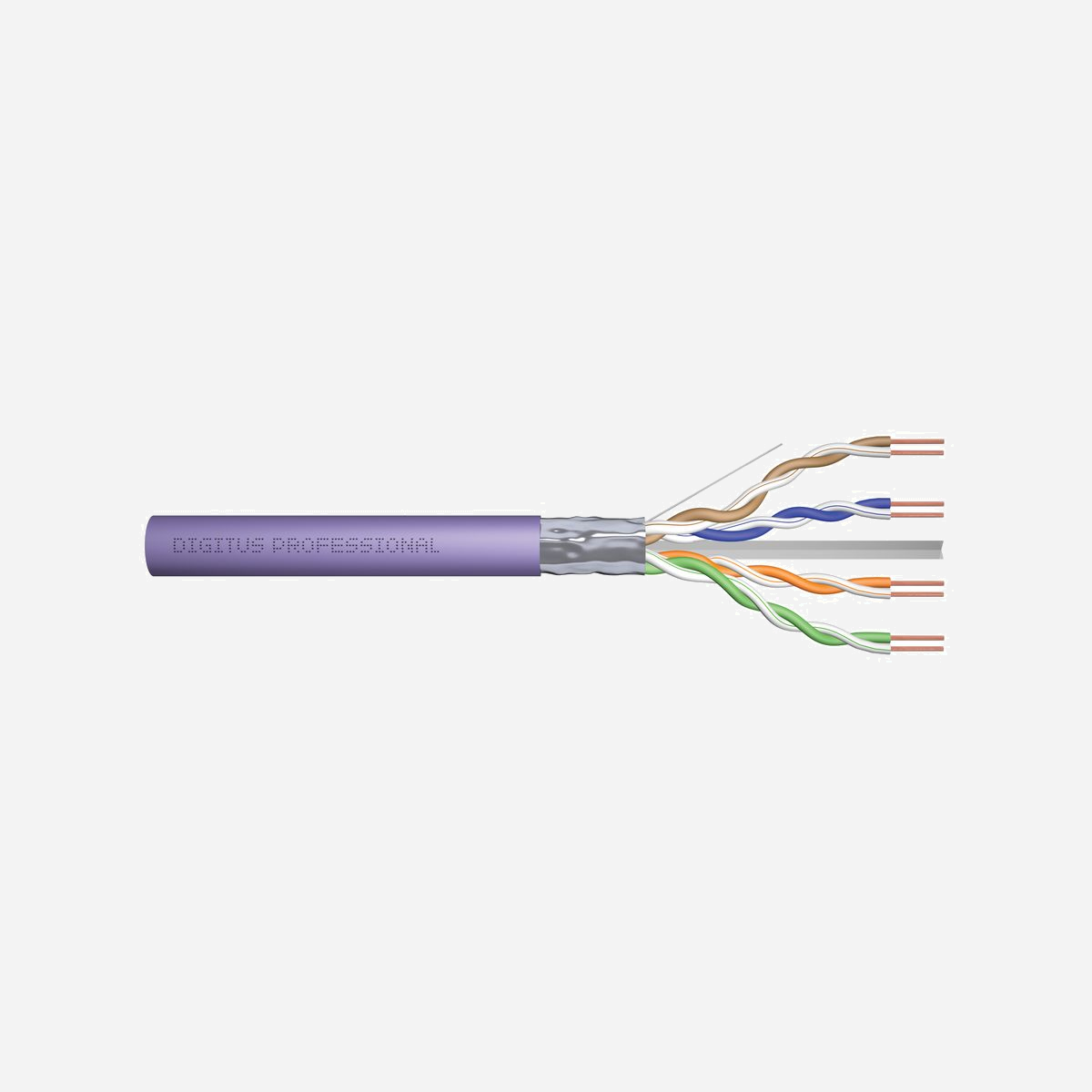 Digitus Câble Installation Cat 6 F-UTP 305m LSZH Violet, Conducteurs Cuivre AWG23/1, Fréquence 250 MHz, Taux Transfert 1000 Mbit/s, PoE, CPR Dca - Les câbles d’installation DIGITUS® catégorie 6 F-UTP ont été conçus et testés conformément aux spécifications ISO/IEC 11801, TIA/EIA 568B, et EN50173 catégorie 6. Chaque cordon est composé de 8 conducteurs isolés en polyéthylène codifiés par des couleurs AWG 23. Les conducteurs sont percés par paires de 4 à des diamètres différents. Le nom de marque et le numéro d’article constituent les détails d’impression sur le manteau extérieur. Le câble est livré dans une boîte en carton déchirable ou un touret en bois pour faciliter l‘installation.