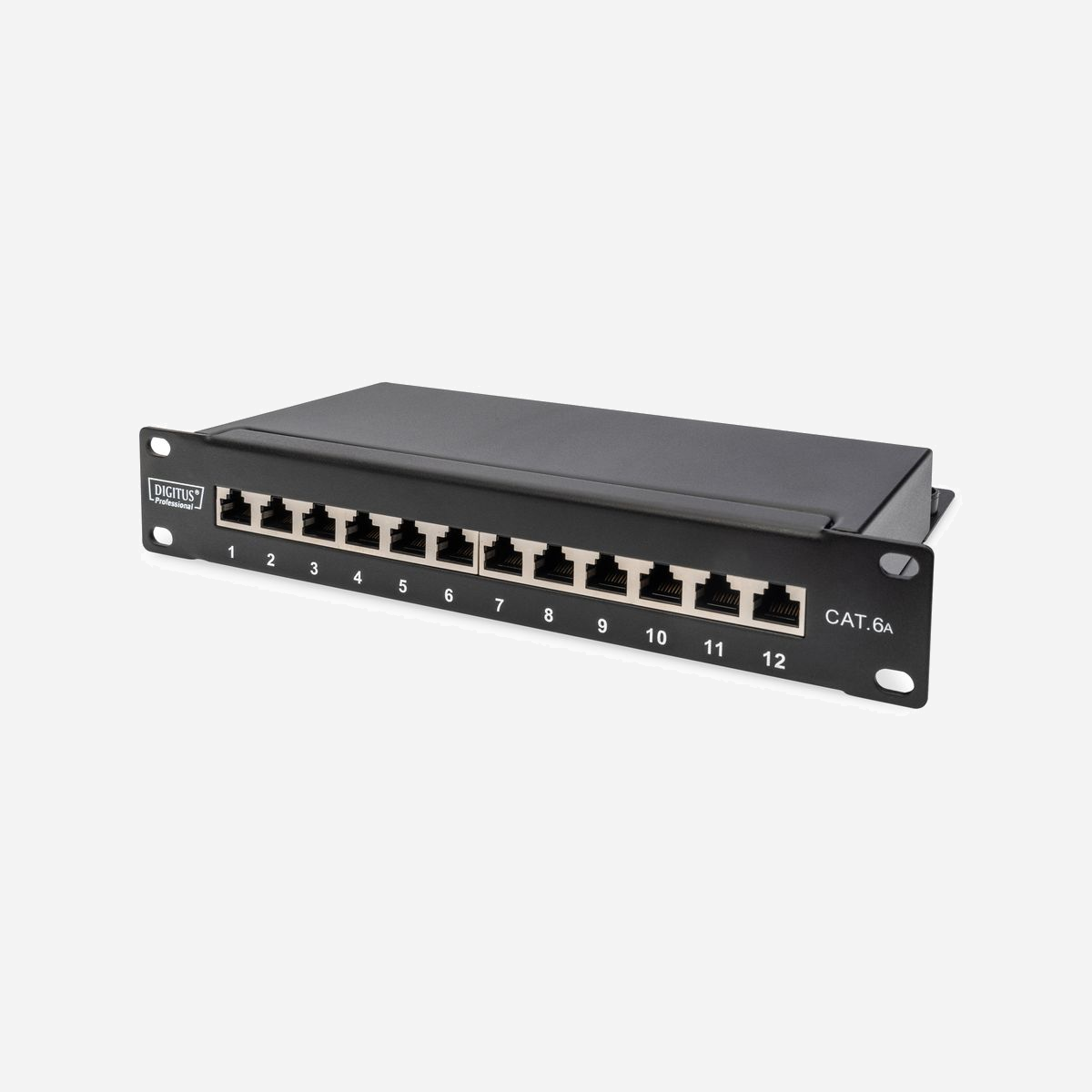 Digitus Panneau de Brassage Cat.6a 12 Ports 1U 10" Blindé RJ-45, Métal Noir, pour Câbles AWG 22/26, 10 Gigabit Ethernet, DN-91612S-EA - Normes orientées vers l'avenir et qualité high-end pour votre réseau.<br><br>- Panneau de brassage robuste avec boîtier en métal solide<br>- Blindage complet du boîtier et contacts blindés<br>- Installation des câbles sur des barrettes LSA<br>- Prise de terre centrale<br>- Rigidité diélectrique jusqu'à 1500 VCC (contact/masse)<br><br>Le DIGITUS® panneau de brassage Cat. 6a est disponible en version 12 ports, sa conception robuste en acier galvanisé de 1,5 mm laminé à froid convient parfaitement pour le montage en armoire 10". Il est conforme à la norme PoE+ (IEEE 802.3at/af). Le panneau de brassage dispose d'un blindage électromagnétique qui permet de garantir un bon transfert des données dans votre infrastructure réseau, sans perte ni interférence. Le blindage à 360° des contacts garantit que chacun des points de consolidation est également parfaitement protégé.