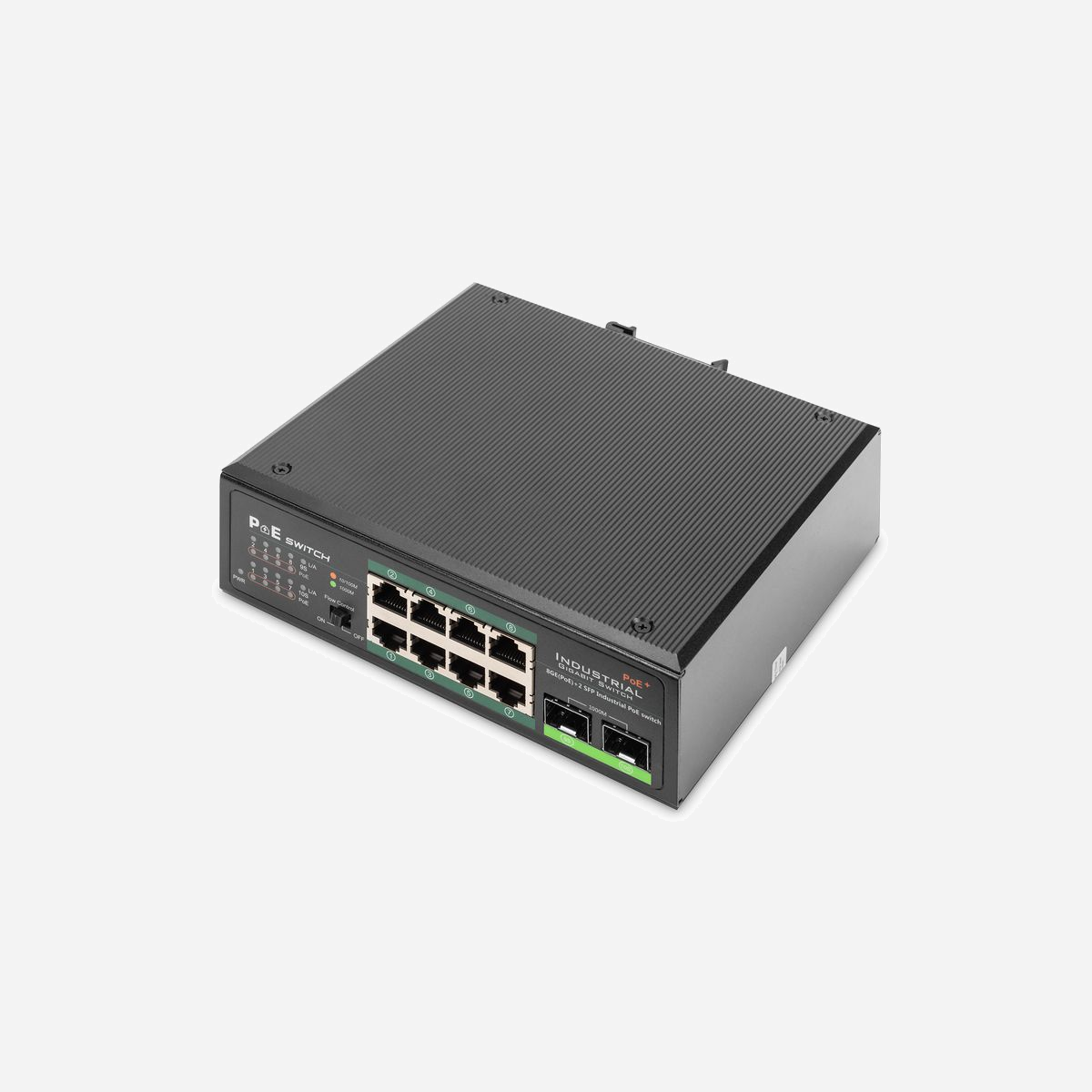 Digitus DN-651110 : Switch Industriel Gigabit PoE 8 ports RJ45, 2 ports SFP, non-géré, PoE 120W, -40°C à 75°C, Montage Rail DIN - Solutions industrielles robustes et durables avec fonction Power over Ethernet (PoE) intégrée<br><br>- 8 ports Ethernet PoE 10/100/1000Base-TX<br>- 2 ports de liaison montante 1000Base-X SFP<br>- Possibilité de montage sur rail DIN<br><br>Le switch industriel Gigiabit PoE DIGITUS® est conçu pour les environnements difficiles où ils sont exposés à l'humidité, aux variations de température et aux vibrations. Avec une plage de température de -40°C à 75°C, le switch PoE Gigabit industriel peut être utilisé dans les conditions les plus difficiles. Grâce aux ports PoE avec support IEEE802.3af/at, les appareils compatibles PoE peuvent être alimentés avec jusqu'à 30 W par port. Une disponibilité permanente est garantie dans les domaines hautement sensibles tels que le transport, la production, la circulation et la surveillance de sécurité. Grâce au système plug-and-play simple, une intégration rapide du switch PoE Gigabit industriel peut être réalisée dans l'environnement concerné. Grâce à la connectivité Gigabit et aux ports de liaison montante SFP, le switch PoE Gigabit industriel représente ainsi une solution flexible et économique pour l'environnement industriel.