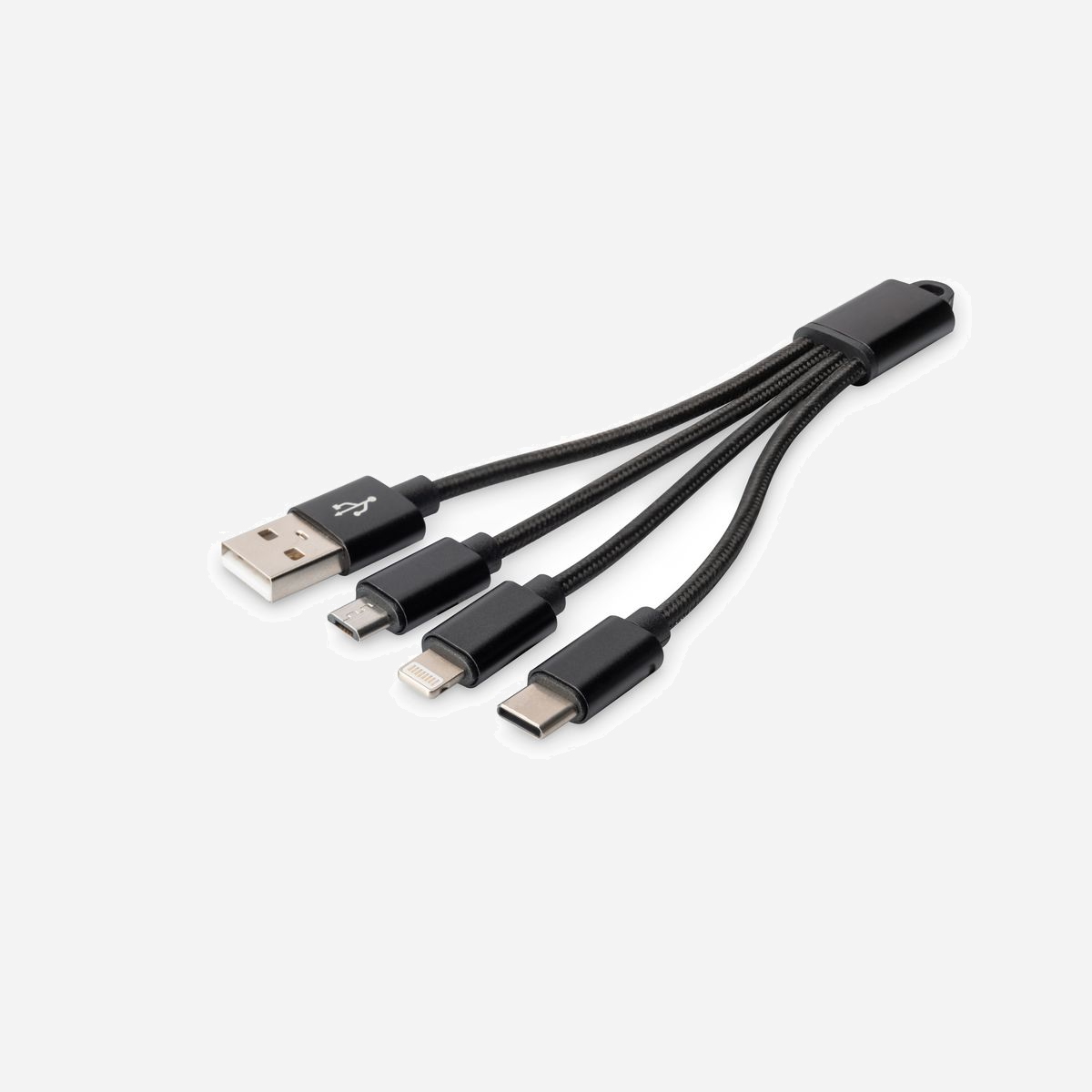 Digitus Câble de Charge 3-en-1 USB-A vers USB-C/Micro-USB/8-pin 0.15m AWG30 Nickel Noir DB-300160-002-S - Câble de charge multi-3 en 1 pour connecter des appareils dotés d'un connecteur USB-C, micro-USB ou 8 broches à un port USB-A<br><br>- Recharger des appareils portables à tout moment<br>- Dimensions compactes : Câble de raccordement de 15 cm à chaque port<br>- Chargez simultanément plusieurs appareils avec des ports différents<br>- Utilisez un seul et même câble pour différents appareils : à la maison, au bureau ou en voyage<br>- Une tresse en nylon robuste augmente la durabilité, la sécurité et la flexibilité<br><br>Le câble de chargement DIGITUS® 3-en-1 est idéal pour charger vos appareils portables sur une alimentation, un PC ou tout autre appareil doté d'un port USB-A. Utilisez un seul et même câble pour charger tous vos appareils. Ses dimensions compactes font de ce câble le compagnon idéal pour la maison, le bureau ou tous vos déplacements.
