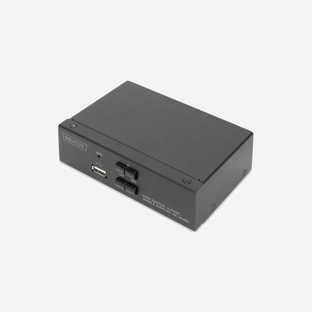 Digitus Commutateur KVM 2 Ports HDMI 4K/30Hz - UHD 3840x2160, USB 2.0, Audio 3.5mm, Boîtier Métal - Référence DS-12870 - Utilisez 2 PC à l'aide d'une combinaison clavier et souris USB - Basculez entre les deux ordinateurs d'une simple pression sur un bouton<br><br>- Utilisez un moniteur, un ensemble souris / clavier pour faire fonctionner 2 ordinateurs avec simple affichage<br>- Prise en charge d'une résolution UHD maximale de 4K / 30 Hz + FreeSync<br>- Ports USB pour la souris et le clavier<br>- Ports audio pour micro / haut-parleurs, prise en charge de Dolby True HD et DTS HD Master Audio<br>- Hub USB intégré avec port USB A pour des appareils périphériques supplémentaires<br>- Commutation entre les PC via l'interrupteur situé sur le commutateur KVM ou les touches de raccourci sur le clavier<br>- LED pour l'affichage de l'état et des fonctions sur la façade<br>- Le déplacement fastidieux des câbles de raccordement n'est plus nécessaire<br>- Véritable Plug and Play — aucune installation de pilotes ou de logiciels nécessaire (connexion matérielle au BIOS)<br>- Boîtiers métalliques solides<br><br>Avec le commutateur KVM à 2 ports de DIGITUS® dédié aux affichages simples, vous avez la possibilité d'utiliser deux PC compatibles 4K avec une simple combinaison de clavier et souris USB. D'une simple pression sur un bouton ou une touche de raccourci, vous pouvez aisément basculer entre les deux PC et éviter le raccordement fastidieux de tous les câbles. L'émission sur un moniteur s'effectue via la sortie HDMI® située à l'arrière. Les signaux audio du micro et des haut-parleurs sont également commutés. En outre, un port USB est disponible sur la façade et peut être utilisé pour d'autres périphériques comme par ex. des clés USB ou des disques durs externes sur les deux PC. Les appareils périphériques raccordés sont assignés au PC actif. La LED d'état sur la façade du commutateur vous indique à tout moment la configuration actuelle. Le commutateur se caractérise également par un boîtier métallique robuste.