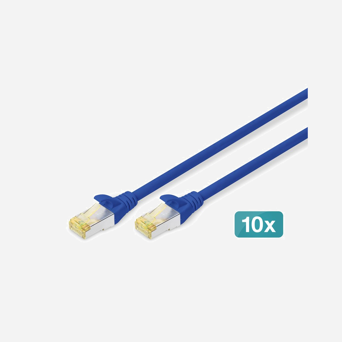 Digitus Lot de 10 câbles de brassage CAT 6A S/FTP 5m, Cuivre, LSZH, 500 MHz, RJ-45 mâle/mâle, Bleu, AWG 26/7, Compatible PoE+ - Un débit et une qualité de connexion excellents pour votre réseau.<br><br>- Avec gainage extérieur LSZH (Low Smoke Zero Halogen) pour une meilleure réaction au feu et une faible émission de fumées.<br>- Connecteur jaune transparent avec blindage en métal pour une identification facile de la catégorie 6A (500 MHz)<br>- Conducteur intérieur : Cuivre (Cu)<br>- Compatible PoE+<br><br>Les câbles à paires, classe EA, catégorie 6A DIGITUS® sont fabriqués et testés conformément à la norme CAT 6A ISO/IEC 11801 et DIN EN 50173 Standard. Ils permettent de garantir la conformité de l’installation de câbles à la spécification de canal ISO et EN, et offrent une performance excellente au câblage CAT 6A DIGITUS®. La performance a été testée jusqu’à 500 MHz, y compris les caractéristiques de performance à l’instar de la paradiaphonie (« NEXT »). Les câbles de brassage DIGITUS® ont été spécialement conçus pour répondre aux besoins dans les différents domaines d’application de manière intégrale. Chaque câble est doté d’un manchon de protection anti-pli injecté avec décharge de traction. Par ailleurs, le manchon de protection dispose d’un levier à cran qui empêche l’enchevêtrement de câbles et protège en même temps le décrochage du levier à cran du connecteur. La coloration jaune des connecteurs permet une identification aisée de la catégorie 6A.
