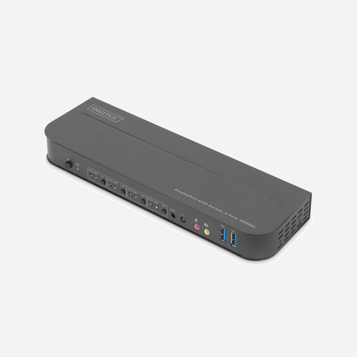 Digitus Commutateur KVM 4 Ports 4K 60Hz (4xDP in, 1xDP/HDMI out) USB 3.0 Hub, Audio 3.5mm, Télécommande, Support HDMI 2.0/DP 1.2/HDCP 2.2 - Utilisez 4 PC avec un clavier et une souris USB - Basculez entre les quatre ordinateurs d'une simple pression sur un bouton ou via une télécommande<br><br>- Utilisez un moniteur, une souris et un clavier pour faire fonctionner quatre ordinateurs<br>- Ports USB pour la souris et le clavier<br>- Ports USB pour micro / haut-parleurs<br>- Hub USB intégré avec 2 x ports USB 3.0 pour des appareils périphériques supplémentaires<br>- Commutation entre les PC via l'interrupteur situé sur le commutateur KVM, la télécommande ou les touches de raccourci sur le clavier<br>- Récepteur externe pour les signaux de la télécommande inclus<br>- Compatible avec HDMI 2.0 / HDCP 2.2 / DisplayPort 1.2/ HDR / FreeSync<br>- LED pour l'affichage de l'état et des fonctions sur la façade<br>- Montage mural possible<br>- Plug and Play : pas de pilote nécessaire<br><br>Avec le commutateur KVM à 4 ports de DIGITUS®, vous avez la possibilité d'utiliser quatre PC compatibles 4K avec un seul clavier et souris USB. D'une simple pression sur un bouton ou avec la télécommande fournie, vous pouvez aisément basculer entre les quatre PC et éviter le raccordement fastidieux de tous les câbles. L'émission sur un moniteur s'effectue au choix par le biais de la sortie HDMI® ou DisplayPort™ intégrée. Les signaux audio du micro et des haut-parleurs peuvent également être commutés. En outre, deux ports USB 3.0 sont disponibles sur la façade et peuvent être utilisés pour d'autres périphériques comme par ex. des clés USB ou des disques durs externes sur les quatre PC. Si vous installez le commutateur KVM dans un endroit inaccessible, vous pouvez utiliser le récepteur IR fourni (y compris câble de raccordement) sans qu'il soit nécessaire que le commutateur KVM lui-même se trouve à portée de la télécommande. La LED d'état sur la façade du commutateur vous indique à tout moment la configuration actuelle. Le fin commutateur se caractérise également par un boîtier métallique robuste et la possibilité d'une fixation murale.