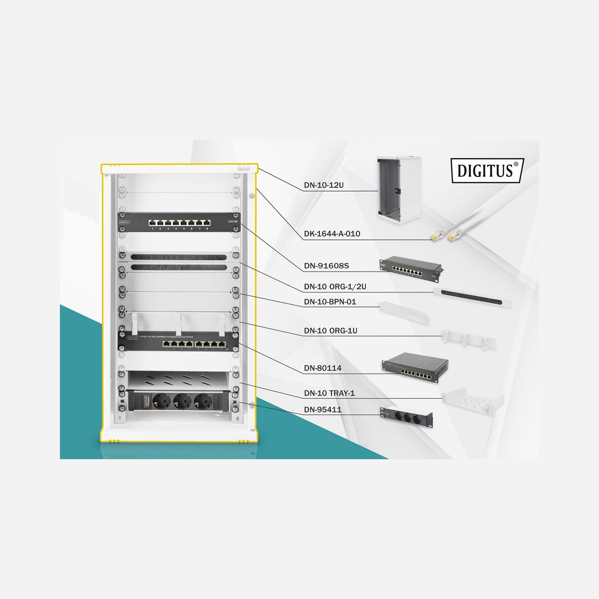 Digitus Pack Réseau 10" (254mm) 12U - Armoire Murale 592x312x300mm + Switch Gigabit 8 ports + Patch Panel CAT6 blindé + Accessoires - Pack complet pour la construction d'un réseau compact de 254 mm (10"), avec armoire, tablette, multiprise, commutateur, panneau de brassage, câbles de brassage, panneau d'obturation et gestion de câbles<br><br>- Avec boîtier mural, 12 U, 592 x 312 x 300 mm (DN-10-12U)<br>- Avec tablette, 1 U (DN-10 TRAY-1)<br>- Avec multiprise, 1 U, 3x contacts de protection (DN-95411)<br>- Avec commutateur Ethernet Gigabit, 8 ports (DN-80114)<br>- Avec CAT 6, classe E, panneau de brassage, 8 ports, blindé (DN-91608S)<br>- Comprend 10 x câble de brassage S-FTP, Cat. 6, Classe E, 1 m (DK-1644-010)<br>- Panneau d'obturation inclus, 1U (DN-10-BPN-01)<br>- Passe-câbles à brosse (DN-10-ORG-1/2U) inclus<br>- Panneau de rangement (DN-10-ORG-1U) inclus<br><br>Que ce soit pour les particuliers, les bureaux ou pour de la sous-distribution où l'espace est limité : Avec les solutions compactes de 254 mm (10"), vous installez votre réseau où vous le souhaitez. Les boîtiers muraux disponibles en trois unités de hauteur (6U, 9U, 12U) sont désormais accompagnés, grâce à ces kits réseau, de composants parfaitement adaptés les uns aux autres, afin de garantir un câblage informatique rapide et simple et prêt à l'emploi. L'armoire réseau ainsi que les composants correspondants (p. ex. commutateur, panneau de brassage, bloc multiprises, étagère, panneau de gestion des câbles, câbles de brassage, etc.) sont livrés dans un colis en carton compact.
