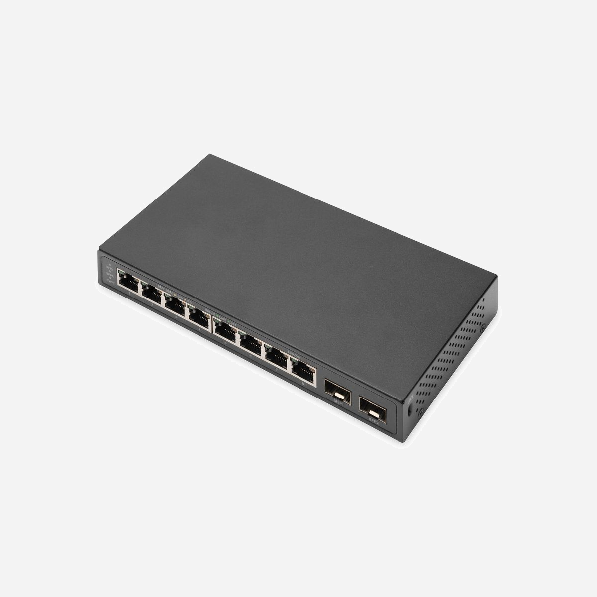 Digitus DN-80067 : Switch 8 ports Gigabit RJ45 + 2 ports SFP 1Gbps, Boîtier Métal, Non-Géré, Normes IEEE 802.3ab/u/x, Bande Passante 20Gbps - 8 x 10/100/1000 Mbit/s + 2 ports SFP Uplink<br><br>- 8 x ports RJ45 10/100/1000 Mbit/s<br>- 2 ports SFP 1 Gbit/s<br>- Adapté à une installation sur le bureau ou murale<br>- Bande passante du fond de panier : 20 Gbit/s<br>- Normes de réseau : IEEE 802.3, IEEE 802.3u, IEEE802.3x, IEEE802.3ab<br>- Boîtier en métal<br>- Conception sans ventilateur<br>- Voyants LED pour le contrôle de l'alimentation, de la connexion et de l'activité<br><br>Le Digitus commutateur Gigabit Ethernet 8 ports 10/100/1000 Mbit/s dispose, en plus de ses 8 ports RJ45, de 2 ports SFP supplémentaires offrant chacun un taux de transfert pouvant atteindre 1 000 Mbit/s. Ce commutateur dispose de la technologie dite d'intégration à très grande échelle, il est robuste, portable et facile à utiliser. Le commutateur est parfaitement adapté aux réseaux des bureaux de petite et moyenne taille ainsi qu'aux réseaux domestiques. Grâce à la fonction Auto MDI/MDIX sur tous les ports, le commutateur s'intègre parfaitement dans votre réseau. Faible coût, facilité d'utilisation et haute performance sont les points forts du DIGITUS® commutateur Gigabit Ethernet 8 ports, faisant de lui un excellent choix pour votre réseau.