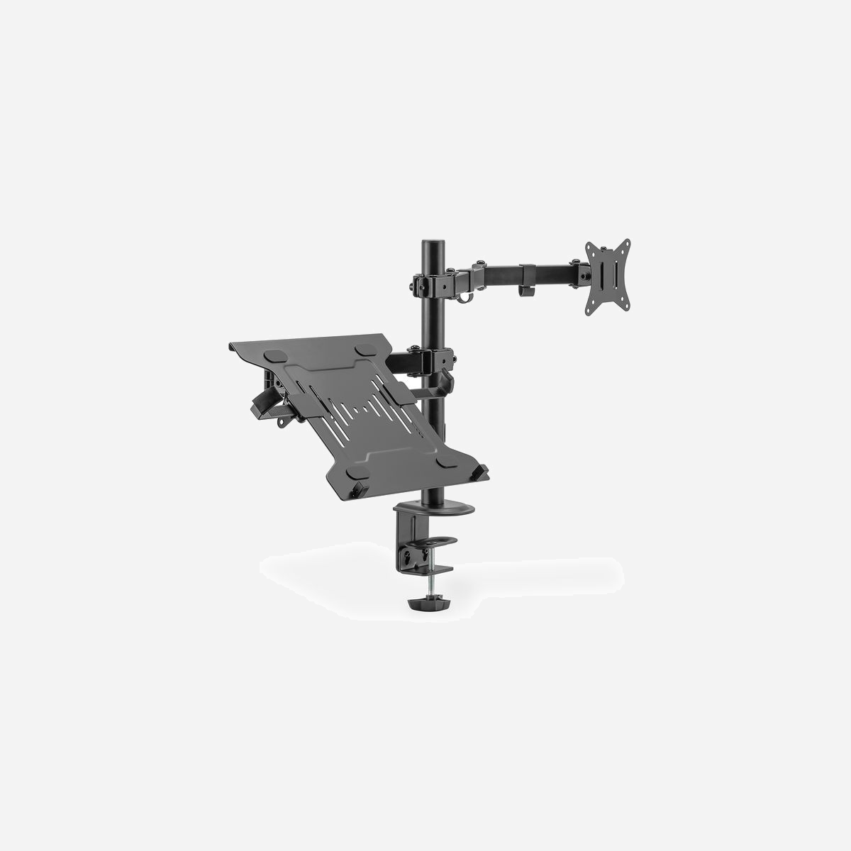 Digitus DA-90436 Support Bureau pour Écran 17-32" (Max 9kg) et Ordinateur Portable 15.6" (Max 4kg), VESA 75x75/100x100, Inclinaison, Pivot, Rotation - Le support de bureau vous permet d'orienter séparément et de manière ergonomique un écran jusqu'à 32" / 9 kg ainsi qu'un ordinateur portable jusqu'à 15,6" / 4 kg, tout en économisant de la place<br><br>- Convient pour les écrans (incurvés) jusqu'à 32" / 9 kg max.<br>- Convient pour les ordinateurs portables jusqu'à 15,6" / 4 kg max.<br>- Gestion des câbles intégrée<br>- Deux options de montage : la bride de serrage et la traverse sont toutes deux fournies<br>- Fermeture rapide : La plaque VESA peut être fixée ou retirée à l'aide d'une vis<br>- Réglage en hauteur, rotation, pivotement<br>- Le support réglable pour ordinateur portable garantit un excellent maintien<br>- Compatibilité VESA : 75 x 75, 100 x 100<br>- Bras d'écrans : Inclinaison : -45° / +45°, pivotement : -90° / +90°, panneau frontal orientable : -180° / +180°<br><br>Le support de bureau vous permet d'orienter séparément et de manière ergonomique un écran jusqu'à 32" / 9 kg ainsi qu'un ordinateur portable jusqu'à 15,6" / 4 kg, tout en économisant de la place. Support VESA pris en charge : 75 x 75, 100 x 100 Le support offre deux options de montage : une bride de serrage et une traverse Grâce à son système de fixation rapide, la plaque VESA peut être fixée / retirée à l'aide d'une vis lors du montage et du démontage. La gestion de câbles intégrée permet de garder un espace de travail bien rangé.