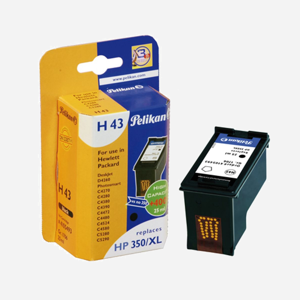 Cartouche d'encre pigmentée noire Pelikan H43 (4105493) pour imprimantes Jet d'encre HP DeskJet/OfficeJet/PhotoSmart. Remplacement CB336EE/HP350XL. 1 pièce. - Pelikan H43. Type d’encre noire: Encre à pigments, Couleurs d'impression: Noir, Quantité: 1 pièce(s)