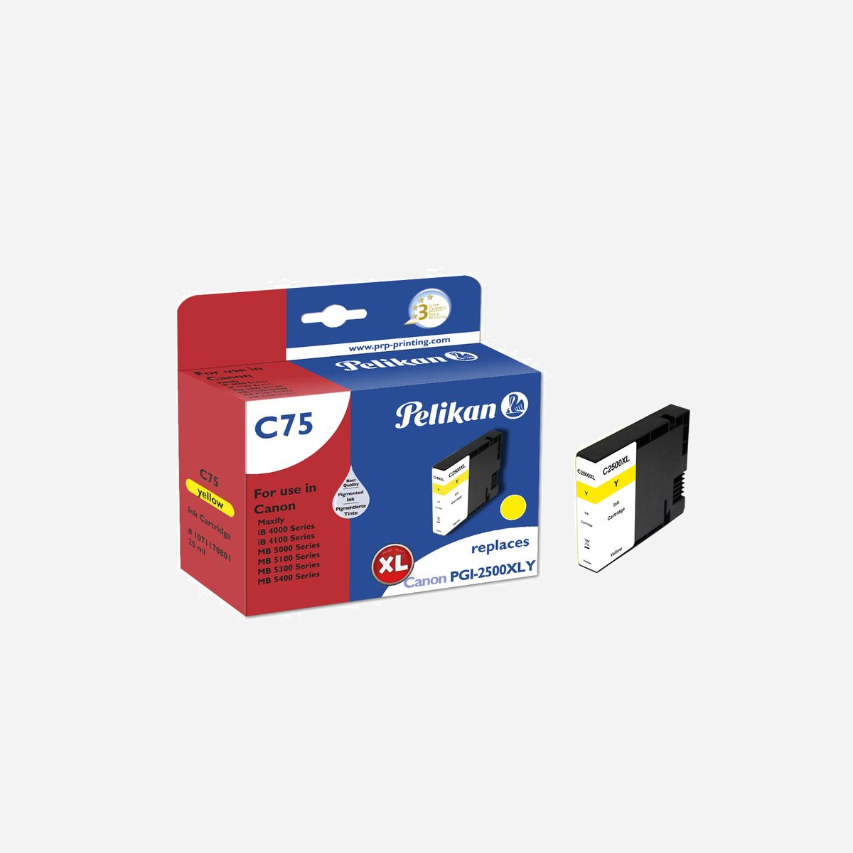 Pelikan C75 Jaune - Cartouche d'encre Originale XL - 1 Pièce - 1520 pages - Remplacement PGI-2500XL Y - Compatibilité Canon - Pelikan C75 Yellow. Type de cartouche d'encre: Rendement élevé (XL), Type d'alimentation: Paquet unique, Rendement par page d'encre de couleur: 1520 pages, Couleurs d'impression: Jaune, Quantité: 1 pièce(s)