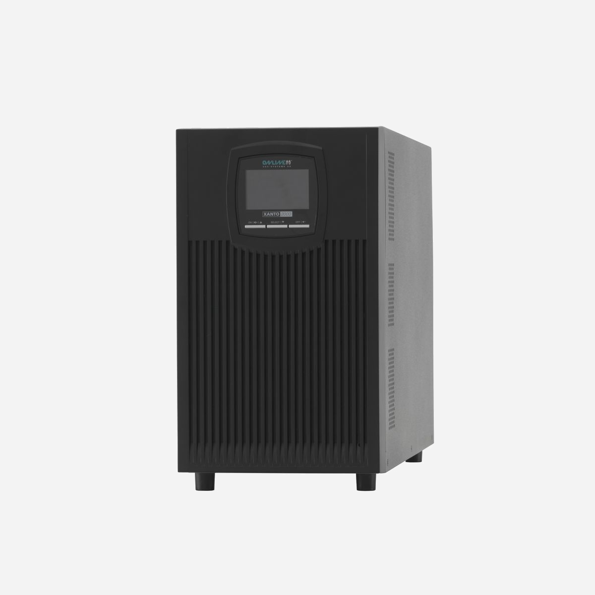 ONLINE USV-Systeme XANTO 2000 : UPS Double-Conversion 2 kVA / 2000W, 8 Prises C13, Interface RS-232/USB, Temps de Secours 6min, Format Tower - ONLINE USV-Systeme XANTO 2000. Topologie UPS: Double-conversion (en ligne), capacité de la puissance de sortie: 2 kVA, Puissance de sortie: 2000 W. Types de sortie AC: Coupleur C13, Prise mâle: Coupleur C20, Nombre de prises en sortie: 8 sortie(s) CA. Capacité de la batterie: 9 Ah, Tension des piles: 12 V, Temps de secours type au chargement complet: 6 min. Format: Tower, Couleur du produit: Noir, Type de refroidissement: Actif. Certification: VFI-SS-111 (EN62040-3) EN62040-1 EN62040-2 CE