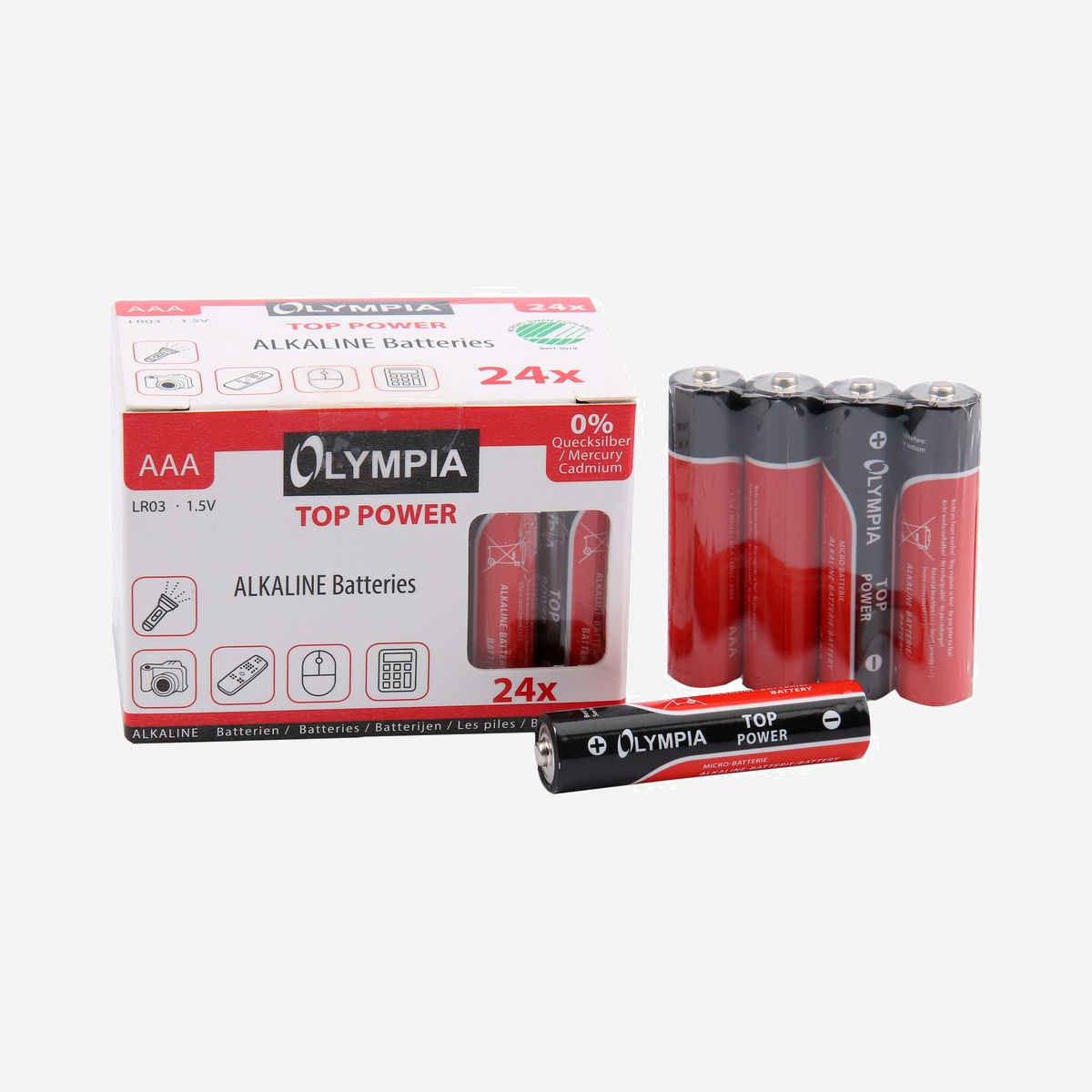 Olympia 40180 : Lot de 24 Piles Alcalines AAA Longue Durée (7 ans) - Sans Cadmium, Plomb, Mercure - Conditionnement Blister - Olympia 40180. Taille(s) de la batterie: AAA, Technologie batterie: Alcaline, Nombre de batteries incluses: 24 pièce(s). Ne contient pas: Cadmium, Plomb, Mercure. Type d'emballage: Emballage fenêtré