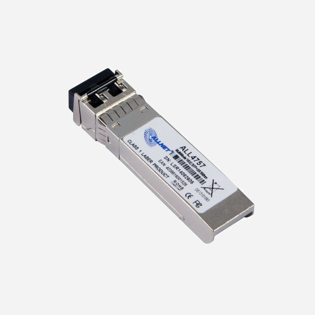 ALLNET ALL4757 Module SFP+ 10.3Gbps 850nm SR, Connecteur LC, Fibre 50/125µm, Portée 300m, Conforme RoHS - ALLNET ALL4757. Débit de transfert des données maximum: 10300 Mbit/s, Type d'interface: SFP+, Connecteur de fibre optique: LC. Certificats de conformité: RoHS