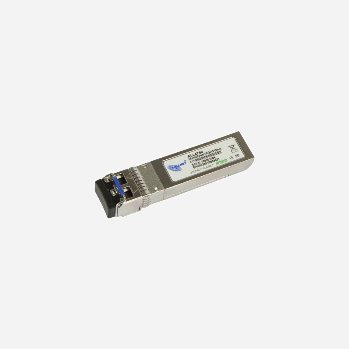 ALLNET ALL4760 Module SFP+ Fibre Optique 10000 Mbit/s, 1310 nm, Portée 220m, Connecteur LC, Multimode, Conforme RoHS, Tension 3.6V - ALLNET ALL4760. Type d'émetteur-récepteur SFP: Fibre optique, Débit de transfert des données maximum: 10000 Mbit/s, Type d'interface: SFP+. Couleur du produit: Métallique. Tension maximum: 3,6 V. Certificats de conformité: RoHS