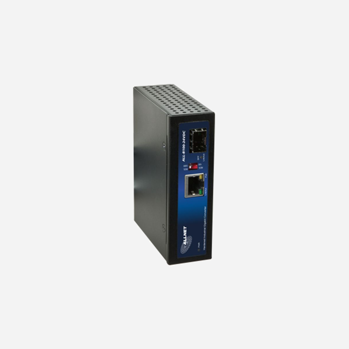 ALLNET 134035 Convertisseur de média 1000 Mbit/s Multimode/Monomode SFP, RJ45 10/100/1000Base-T, Jumbo Frames 9000, PoE 72W, -40°C à 75°C - ALLNET 134035. Débit de transfert des données maximum: 1000 Mbit/s, Convertisseur d'interface d'entrée: 10Base-T, 100Base-TX, 1000Base-T, Interface de sortie du convertisseur: 1000Base-LX, 1000Base-SX. Distance de transfert maximale: 550 m, Structure du mode de fibre: Multimode, Monomode, Diamètres de câbles de ficre pris en charge: 50/125,62.5/125,9/125 µm. Voyants: Activité, Liaison, Énergie, Couleur du produit: Noir, Matériau du boîtier/corps: Métal. Connecteur de fibre optique: SFP. Budget Total Power over Ethernet (PoE): 72 W